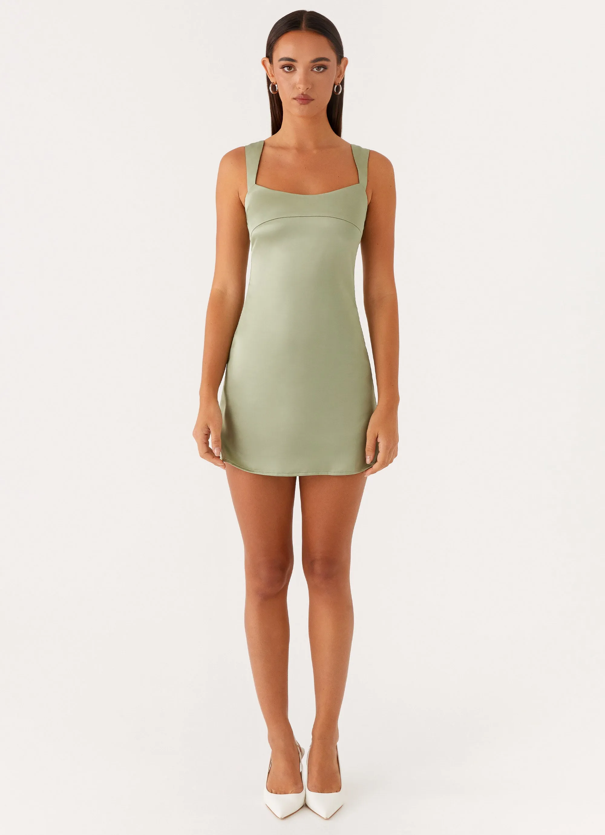 Modern Details Twist Front Design Odette Satin Mini Dress - Sage