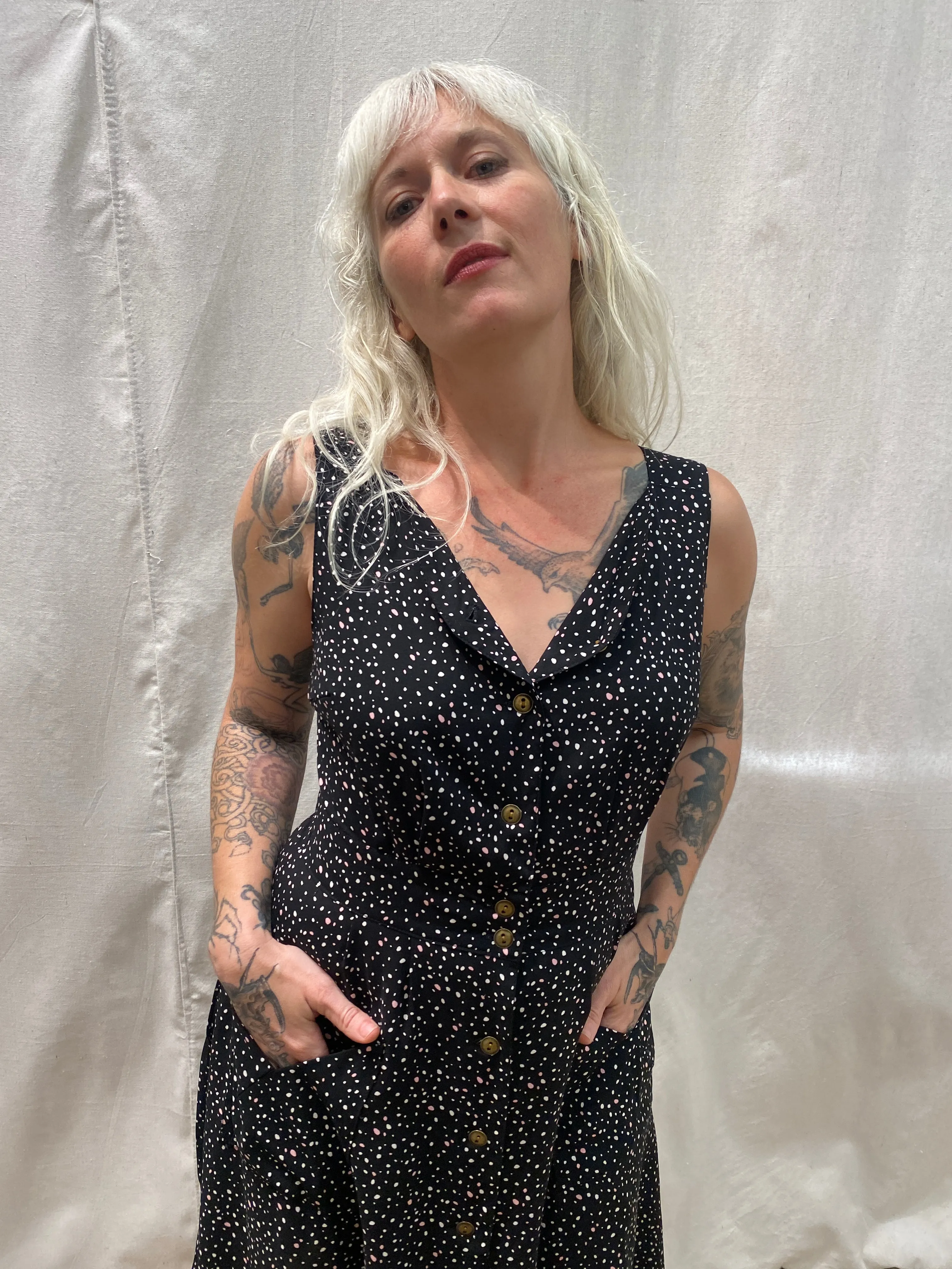 Boat-Neck Perfect Look Sheet Dress in Black Dot