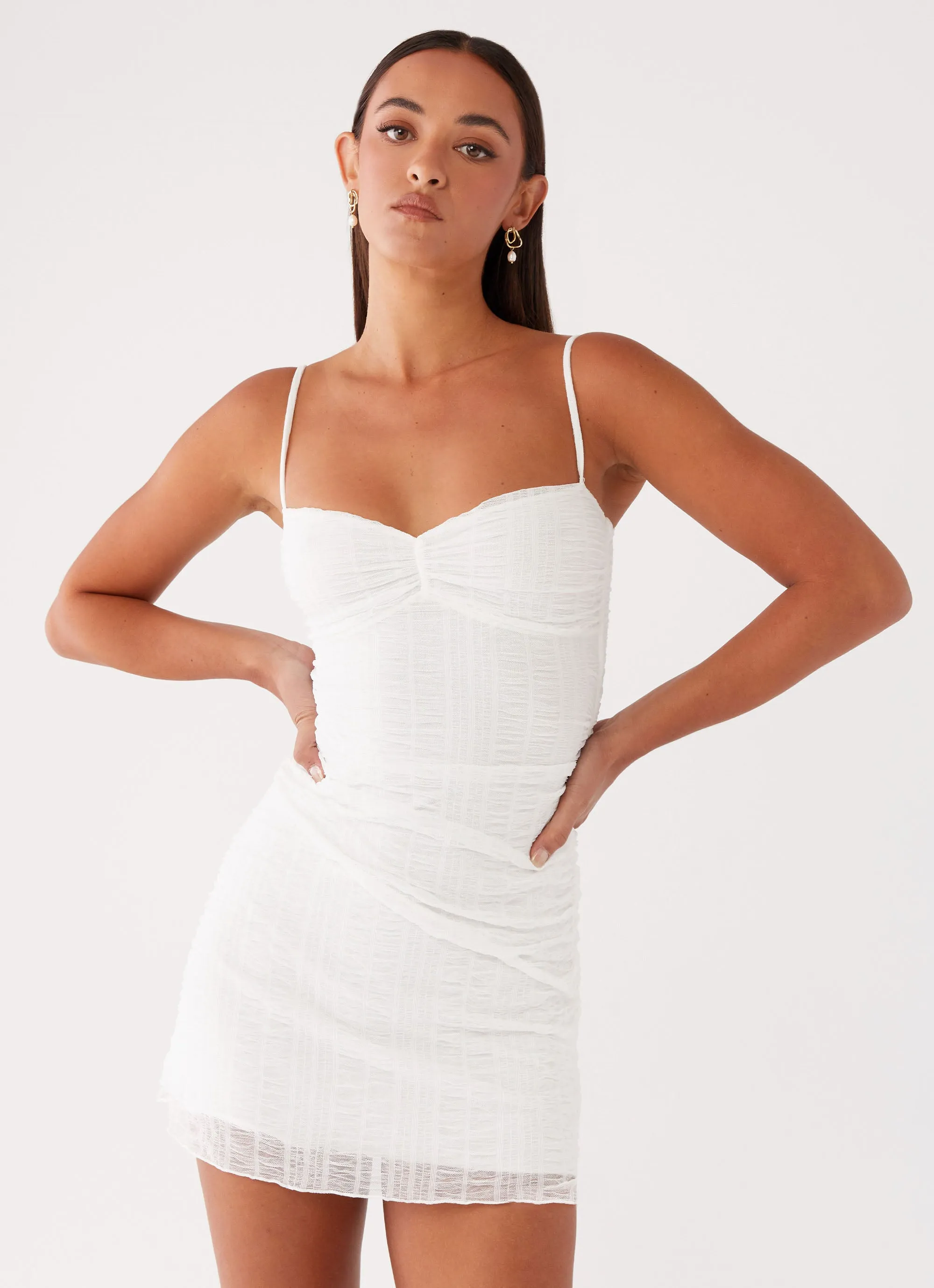 Arden Mesh Mini Dress - White Fold Over Detail
