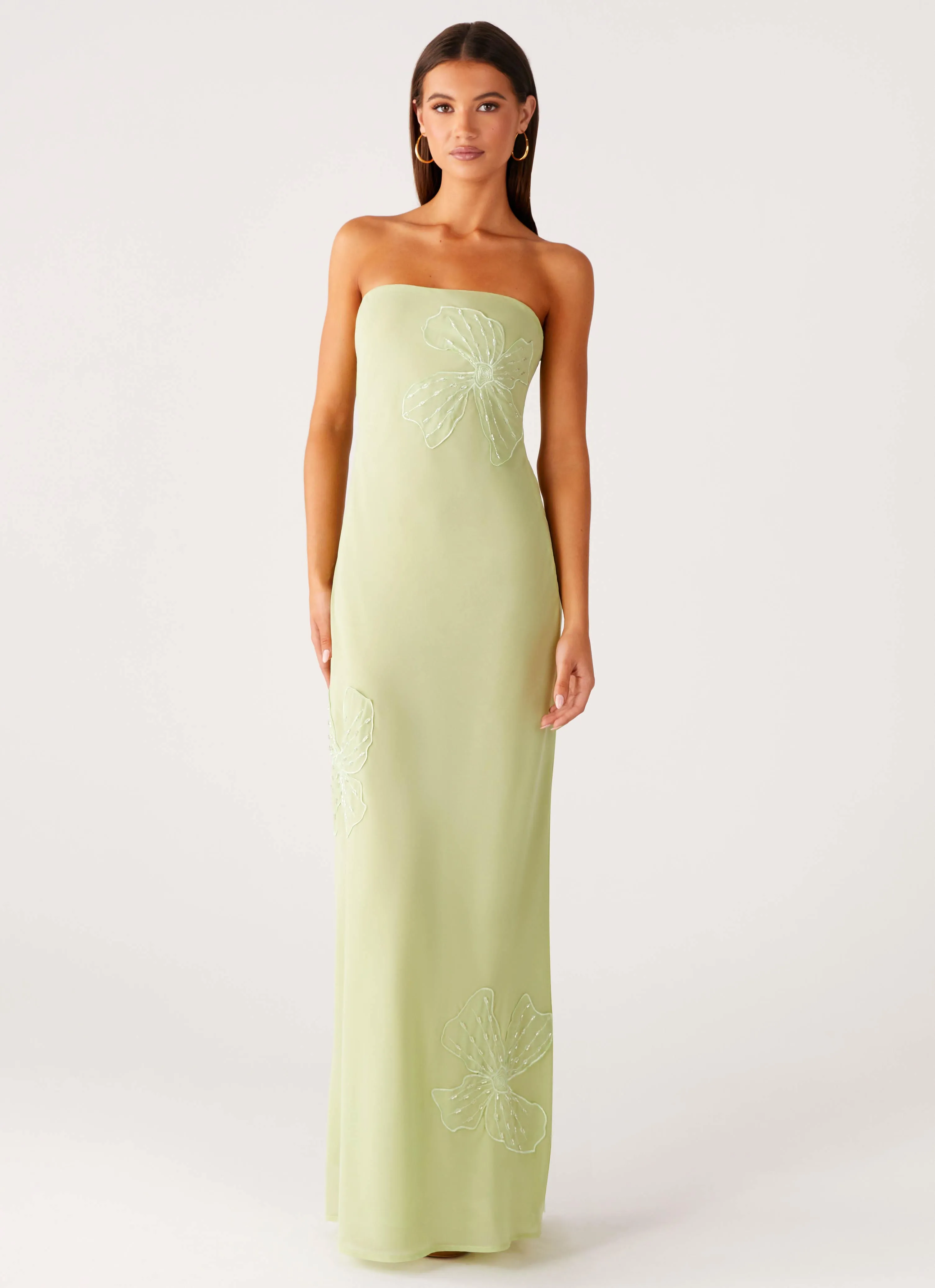 Airy Weave Sassafras Beaded Flower Strapless Maxi Dress - Lime
