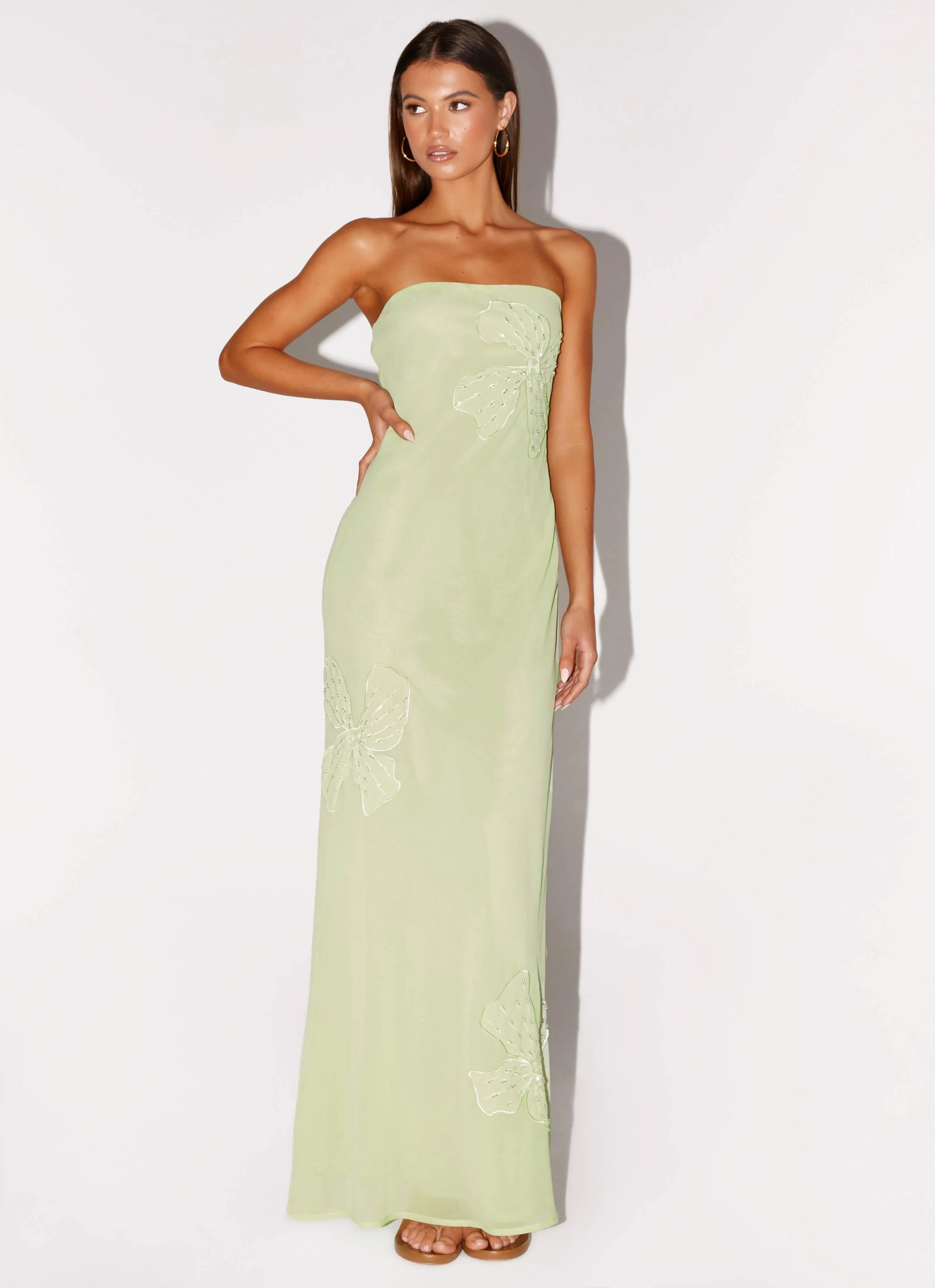 Bohemian style Clean Comfort Sassafras Beaded Flower Strapless Maxi Dress - Lime