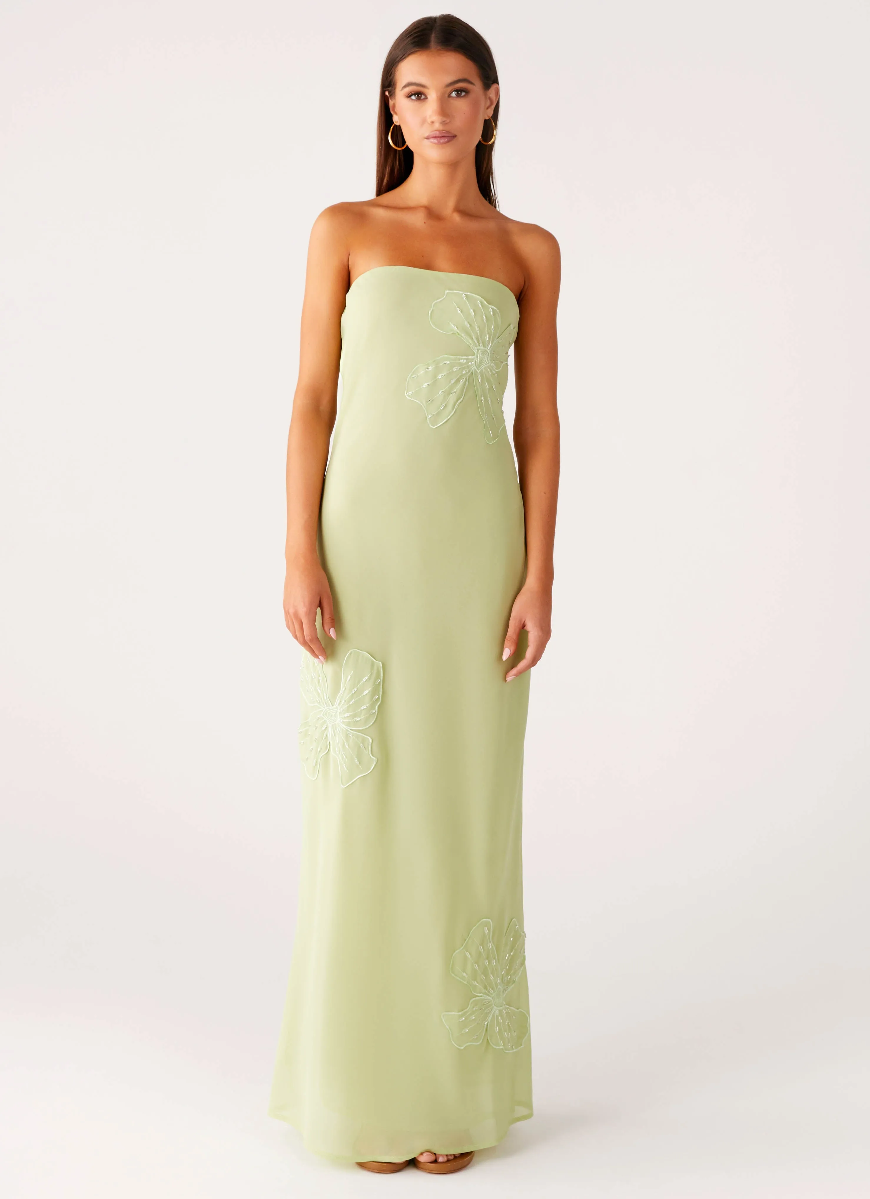 All-day style Fashionable Look Sassafras Beaded Flower Strapless Maxi Dress - Lime