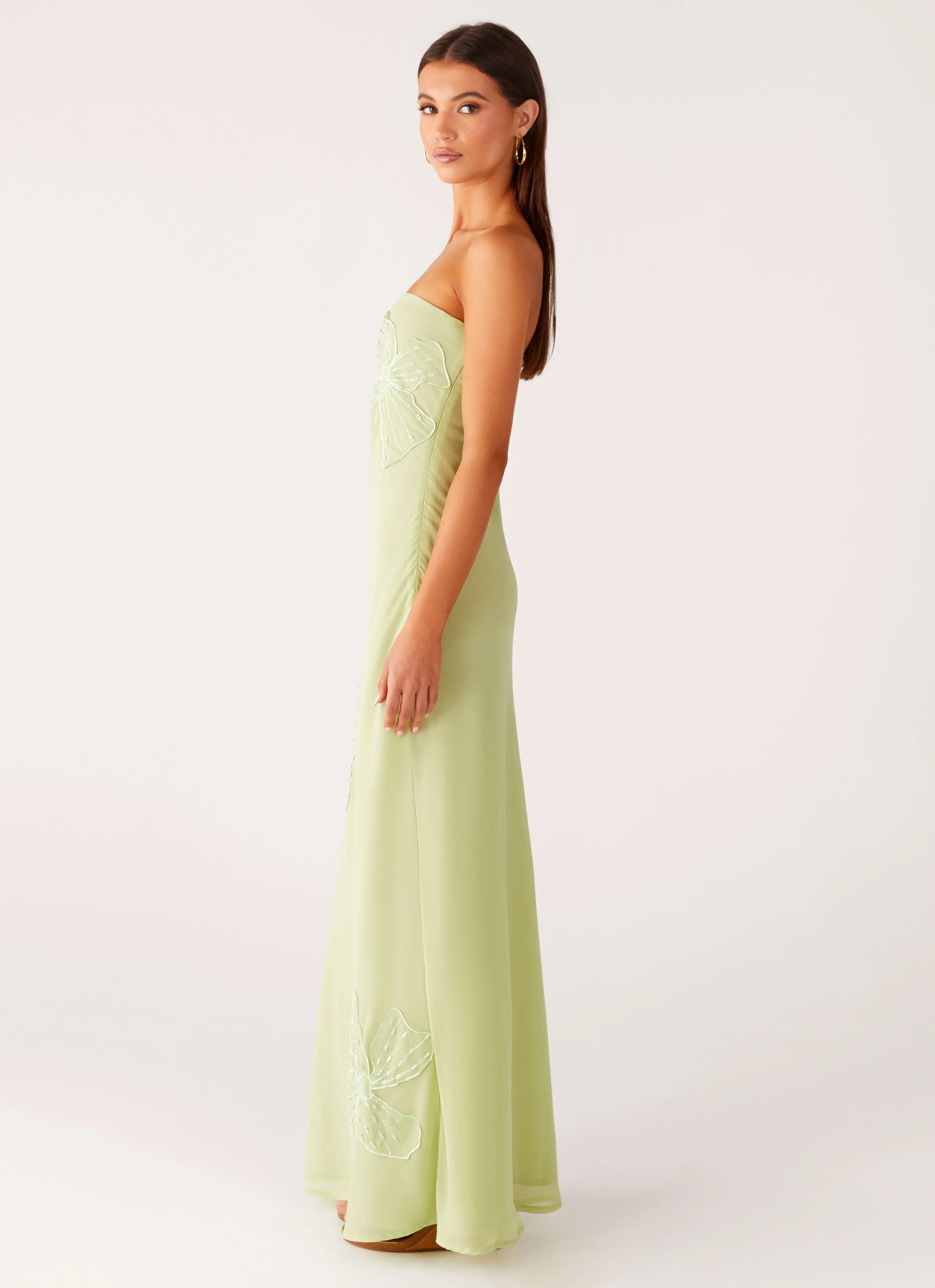 Sassafras Beaded Flower Strapless Maxi Dress - Lime Daywear Fit Slim Silhouette