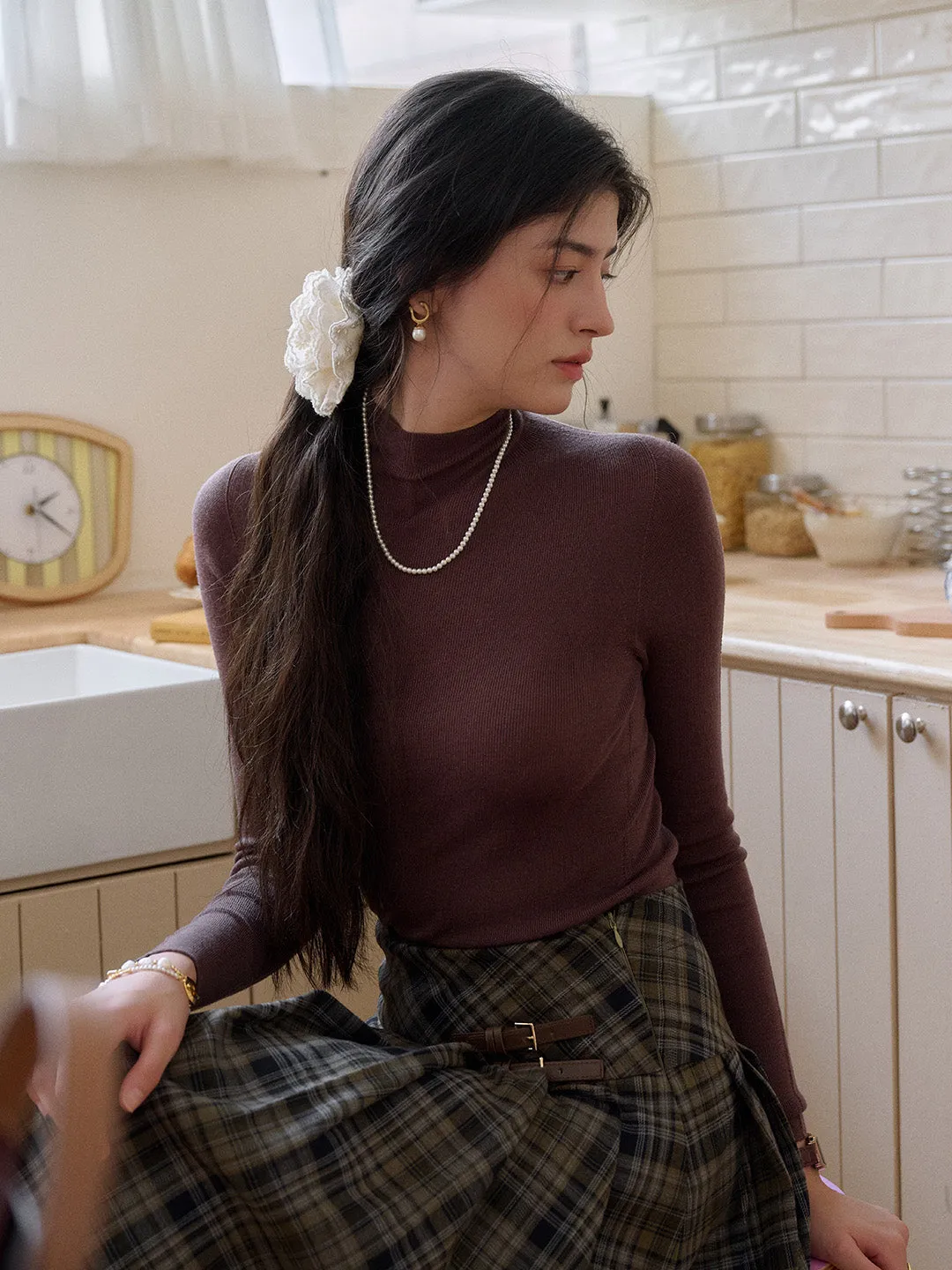 Hidden Storage Pocket Annalise Mock Neck 100% Merino Wool Sweater