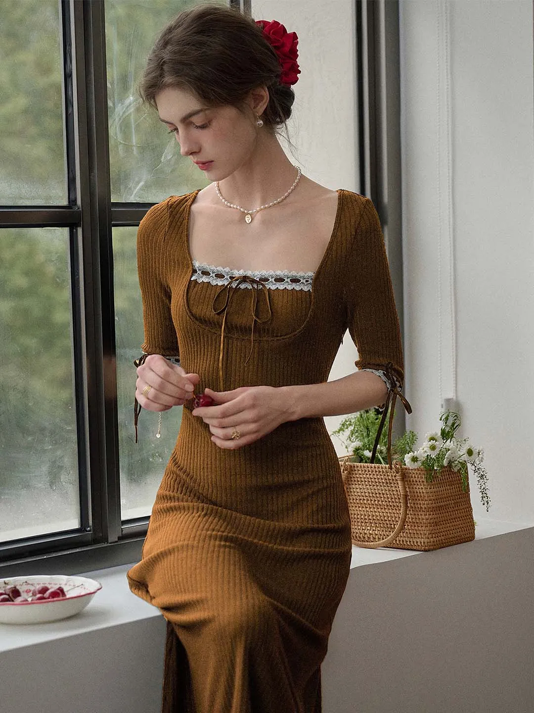 Michelle Bow Lace Square Neck Knitted Color Block Dress-Brown Gentle Texture Simplistic Mood