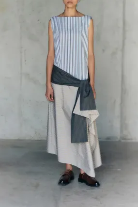 Sleeveless Stripe Drape Dress Sleek Flow Ruffle-Detail