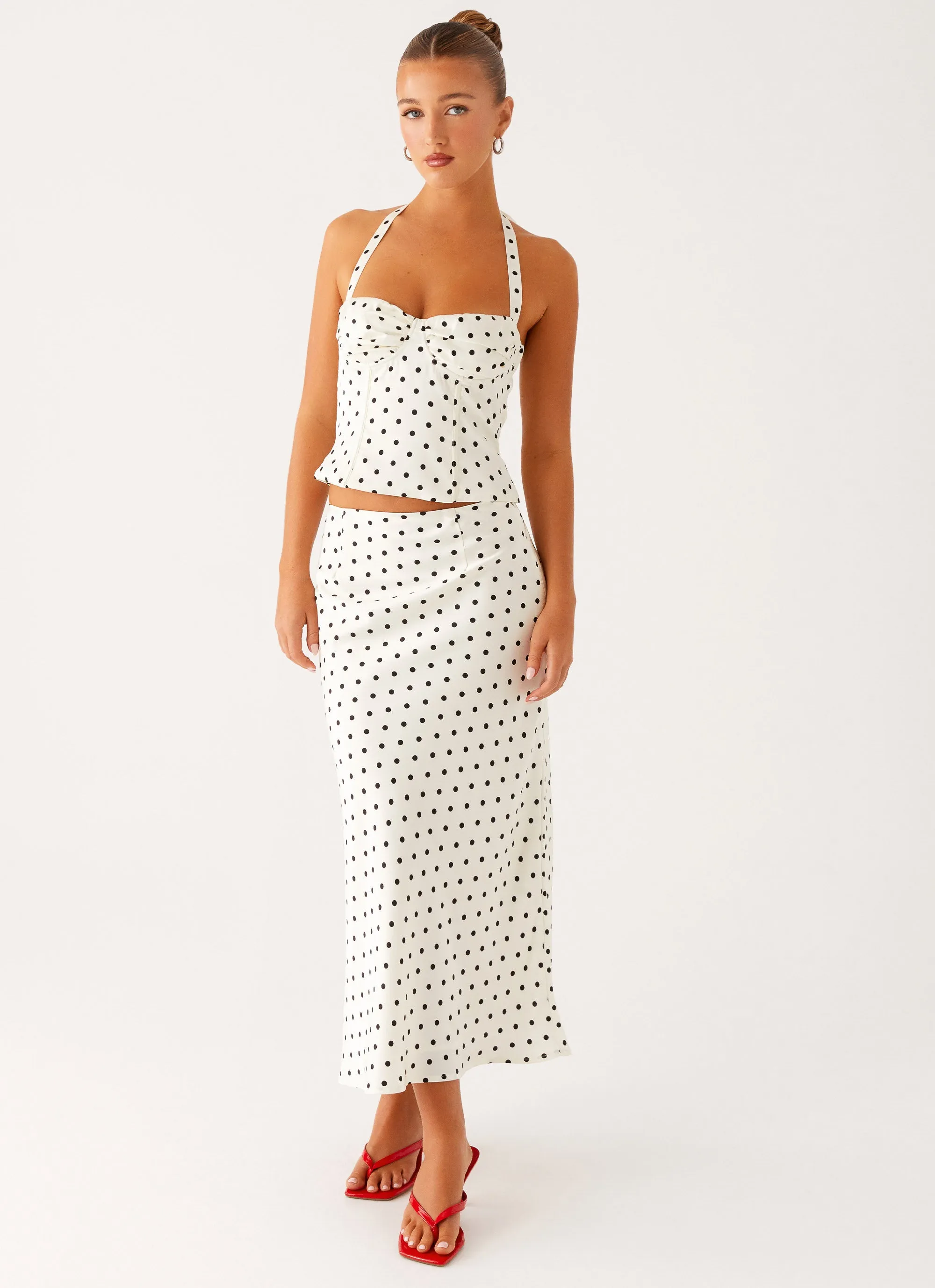 Seasonal Drop Breanne Midi Skirt - White Polka Dot