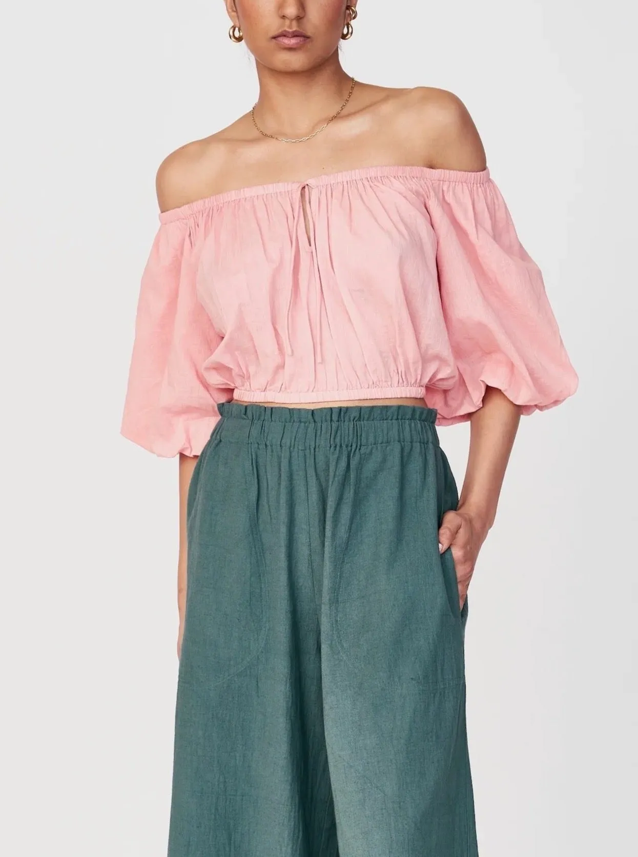 VersatileNeckline Garment Washed Finish Mirth Capri Bubble Top in Pink