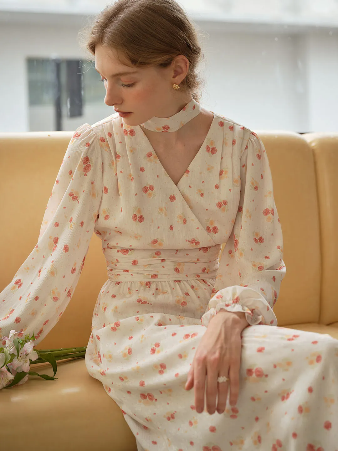 Nyomi Sweet V Neck Floral Print Lace Sleeve Dress Smooth Design