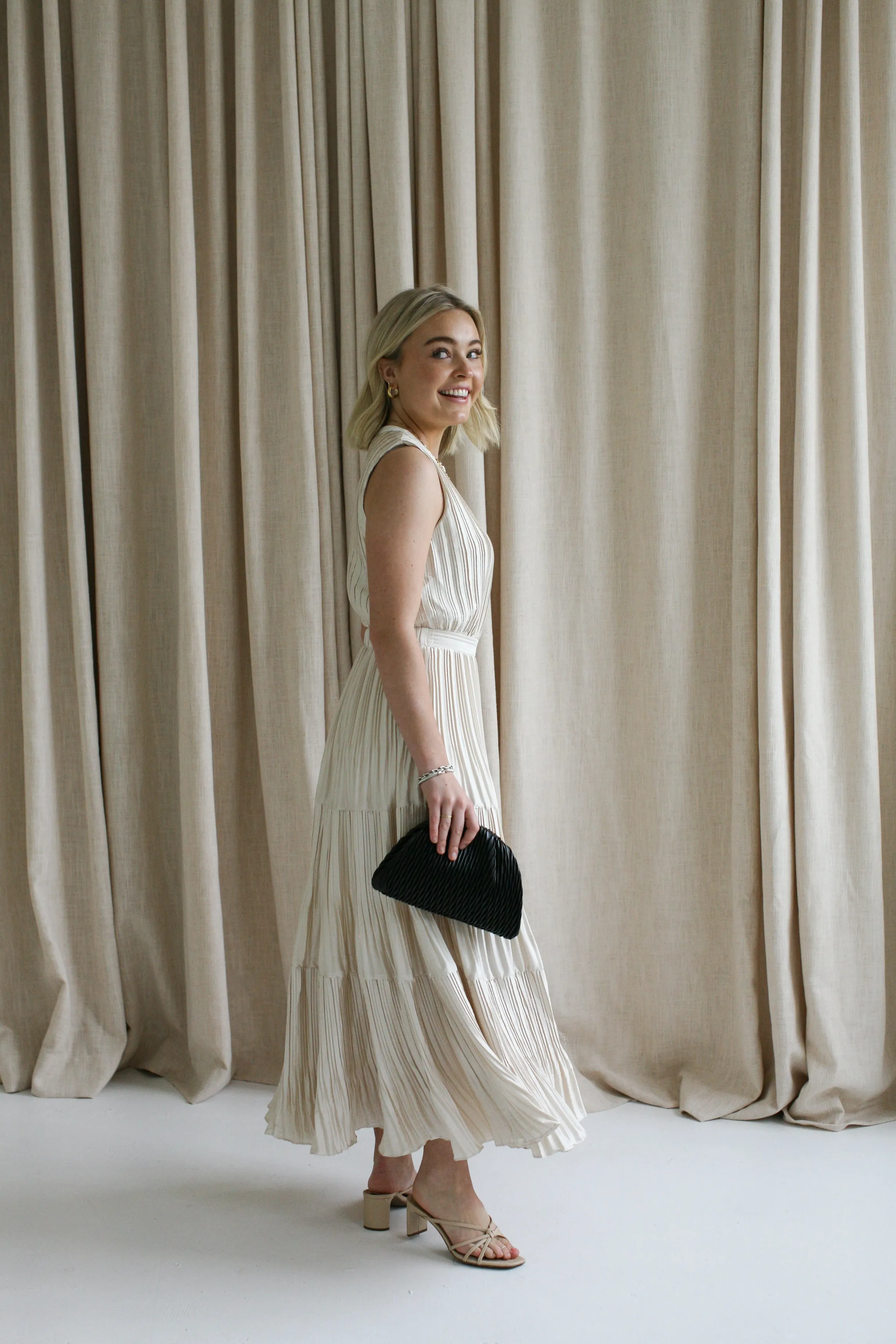 Sleeveless Taupe Pleat Dress Glam Touch