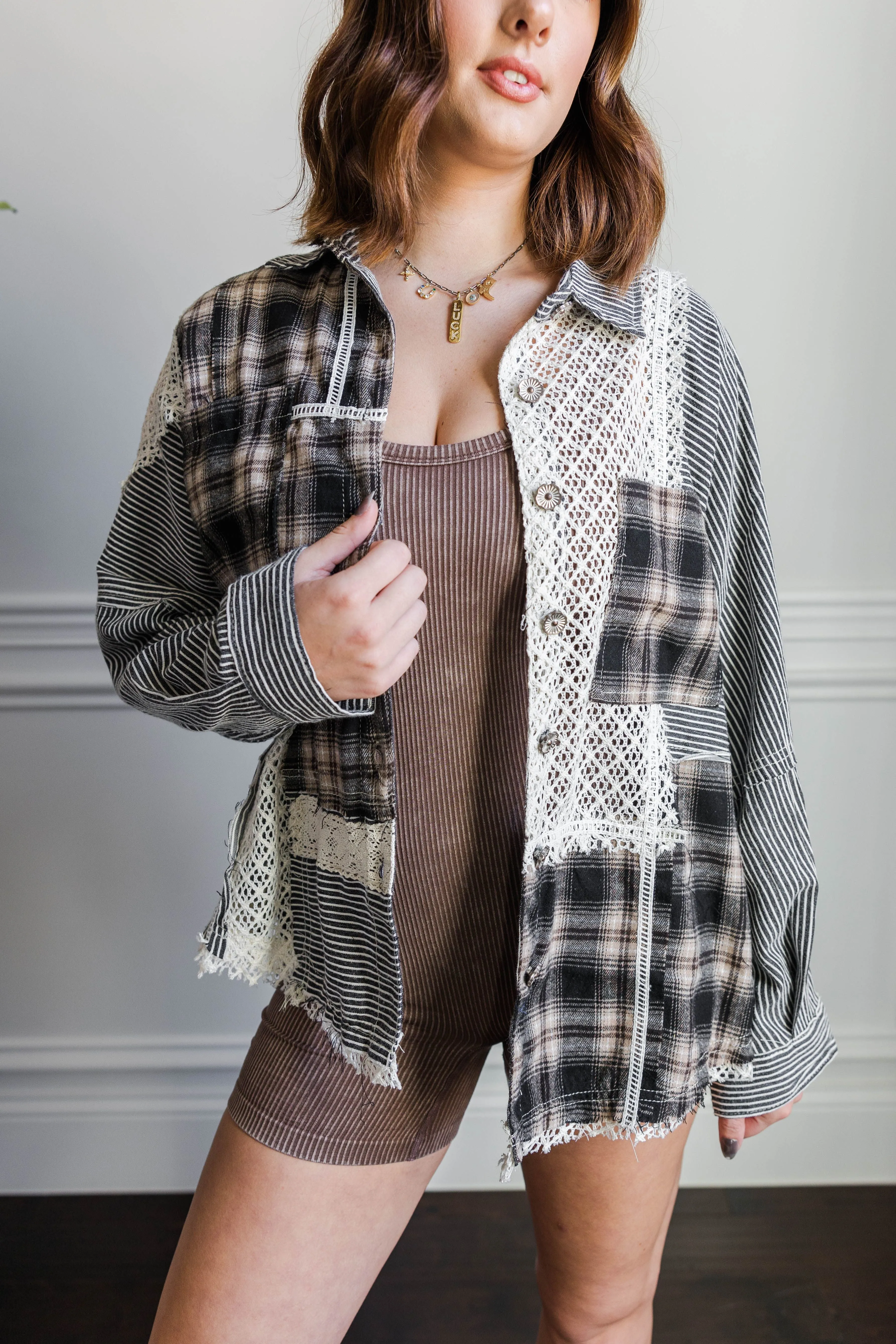 Silicone Grip Trim SeamlessShoulderPanels Mystic Stripe Plaid Shacket