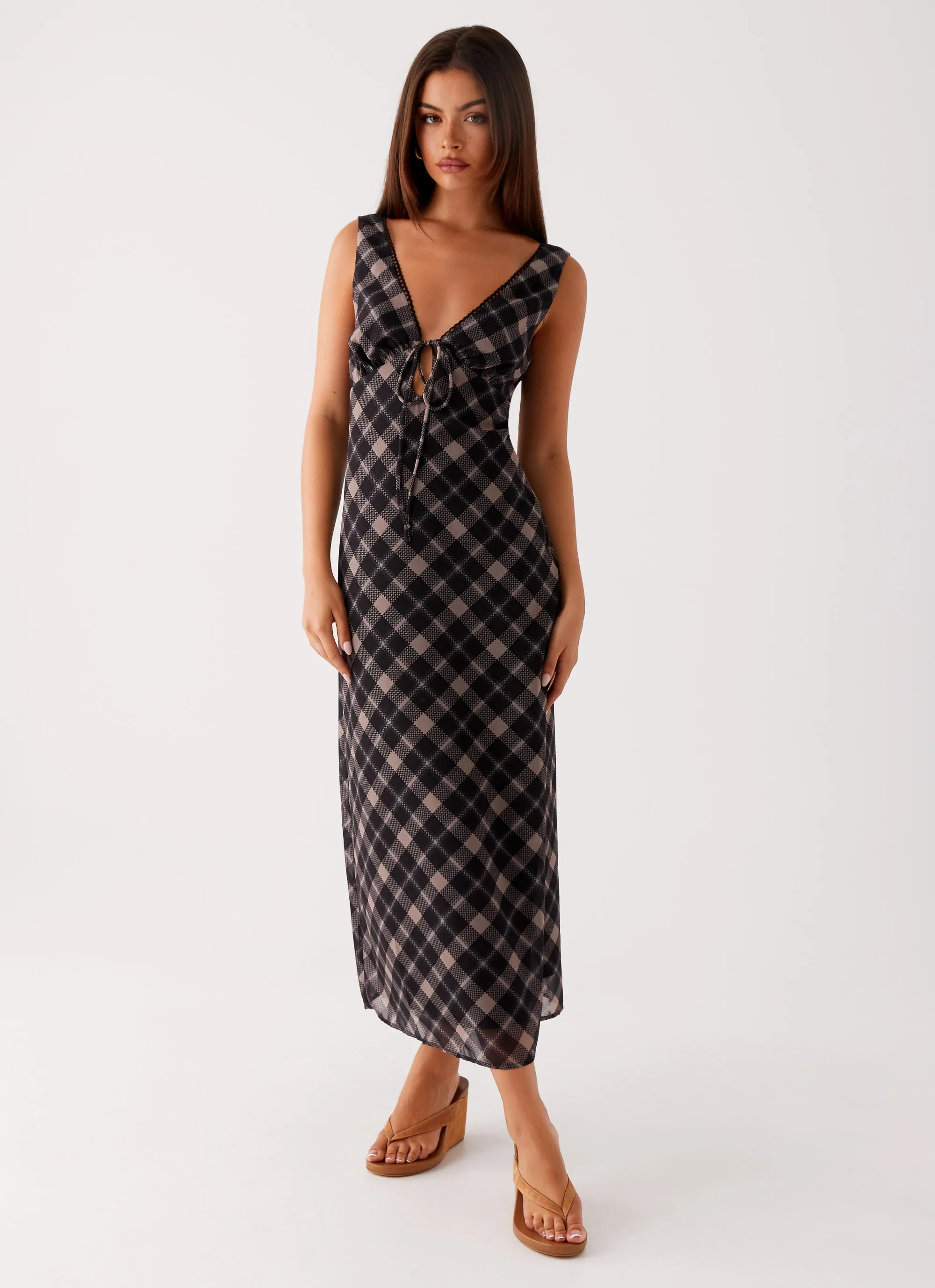 Gianna Midi Dress - Taupe Check Pocket-Detail