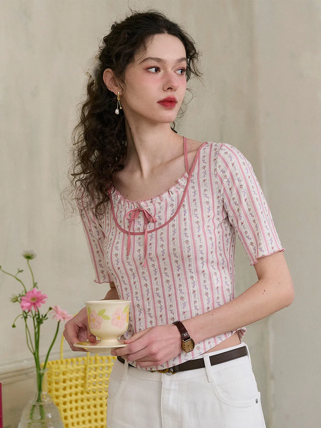 Ultra Soft Handfeel ??Final Sale??Nadia Round Neck Bow Contrast Rose Floral Print Striped Knit T-shirt
