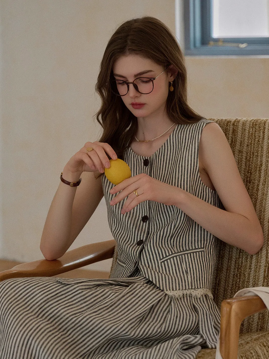 Sofia Round Neck Stripe 100% Linen Vest NonChafing Fabric