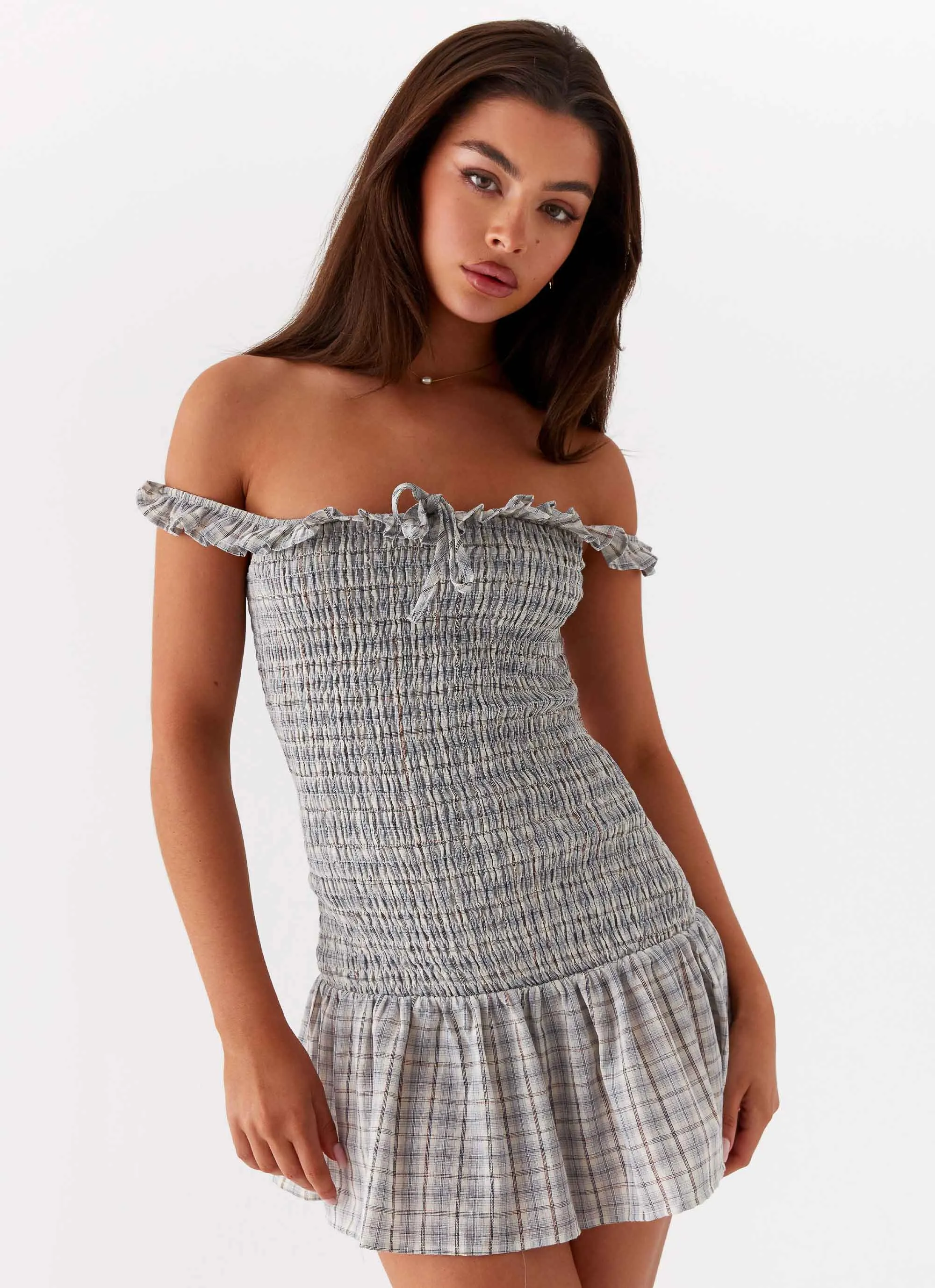 Semi Sheer Structured Shape Anica Check Mini Dress - Grey Check