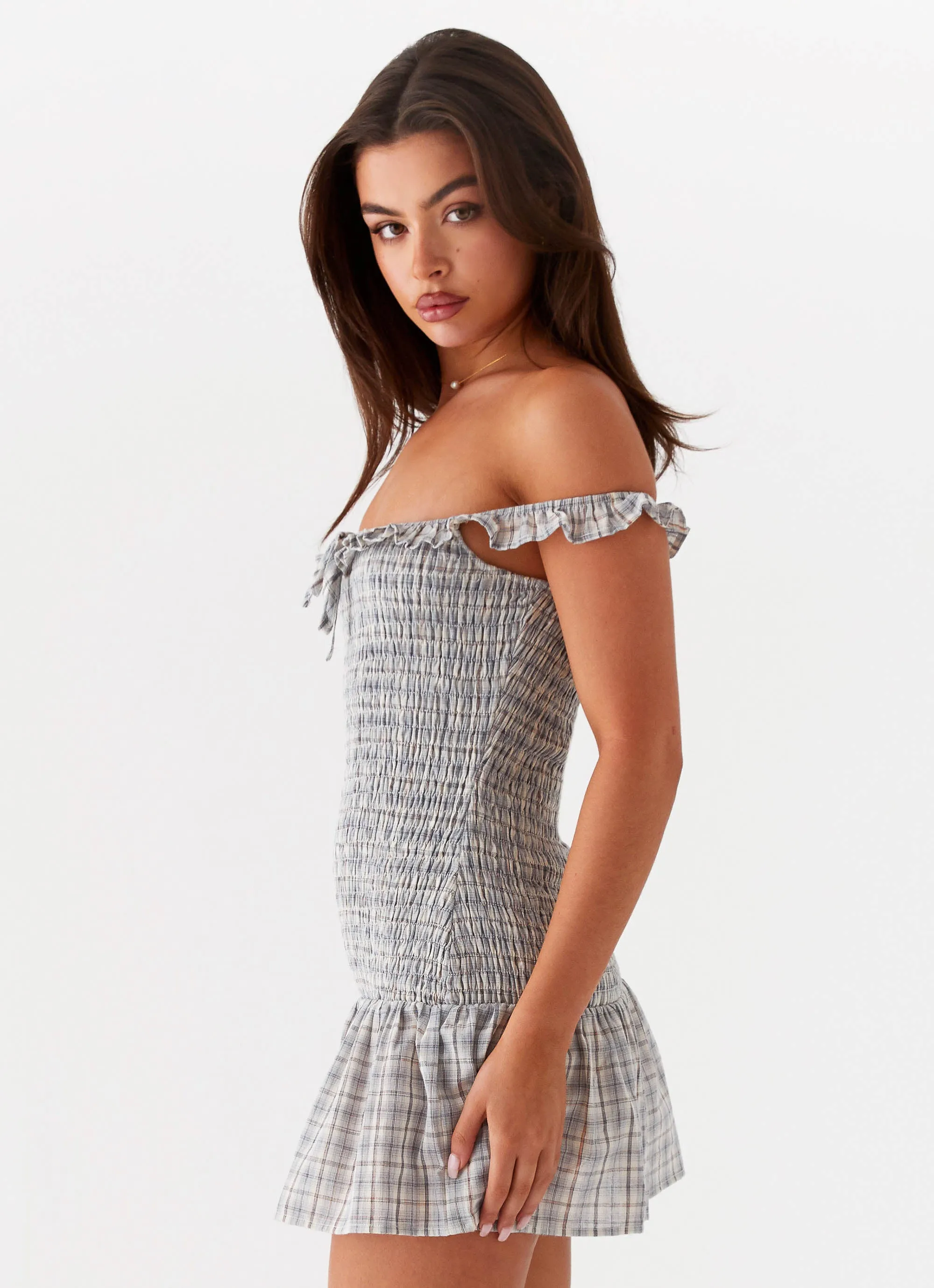 Anica Check Mini Dress - Grey Check Ruching Details