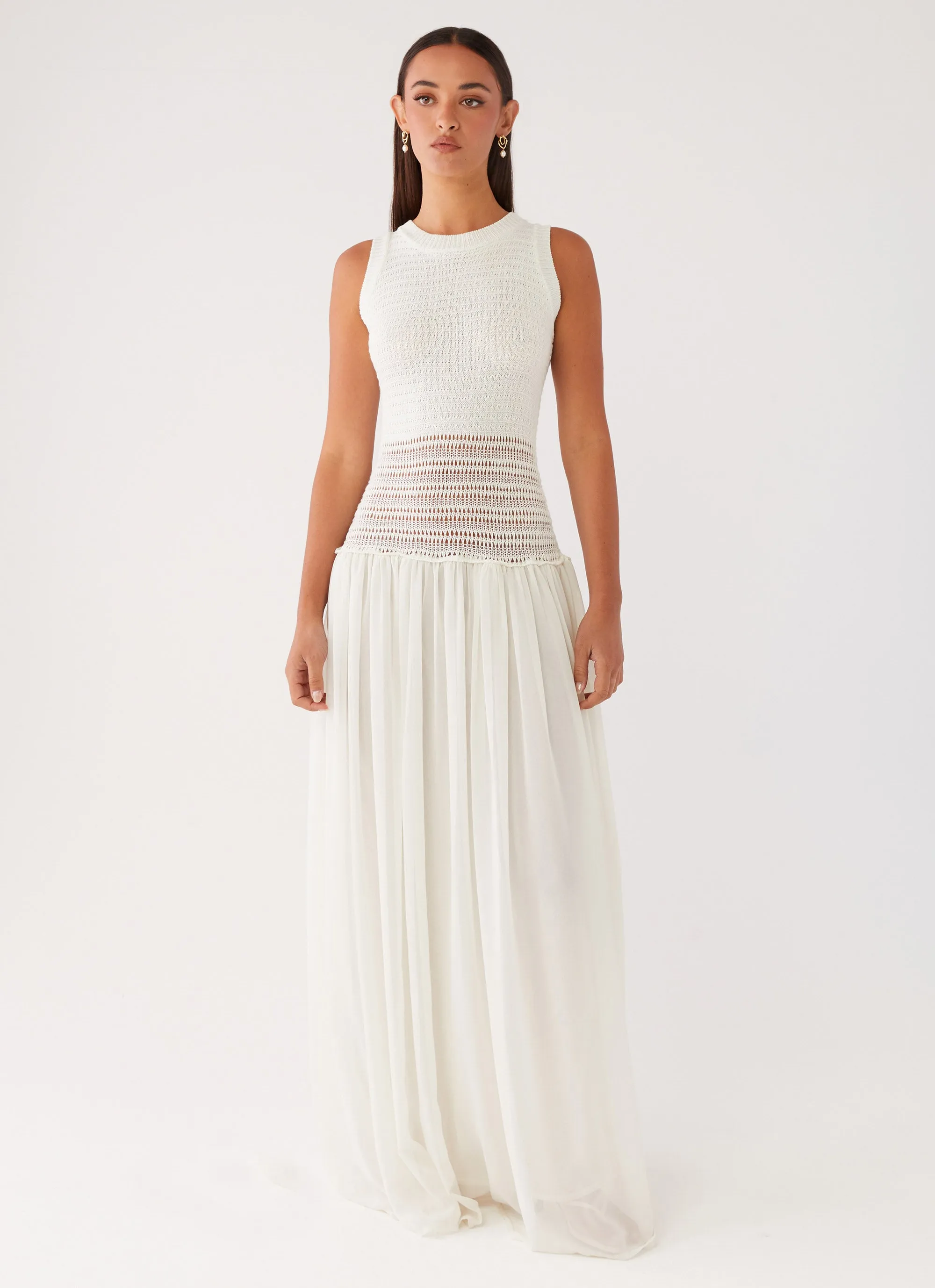 Off Grid Crochet Maxi Dress - White Flattering Cut Pure Tone