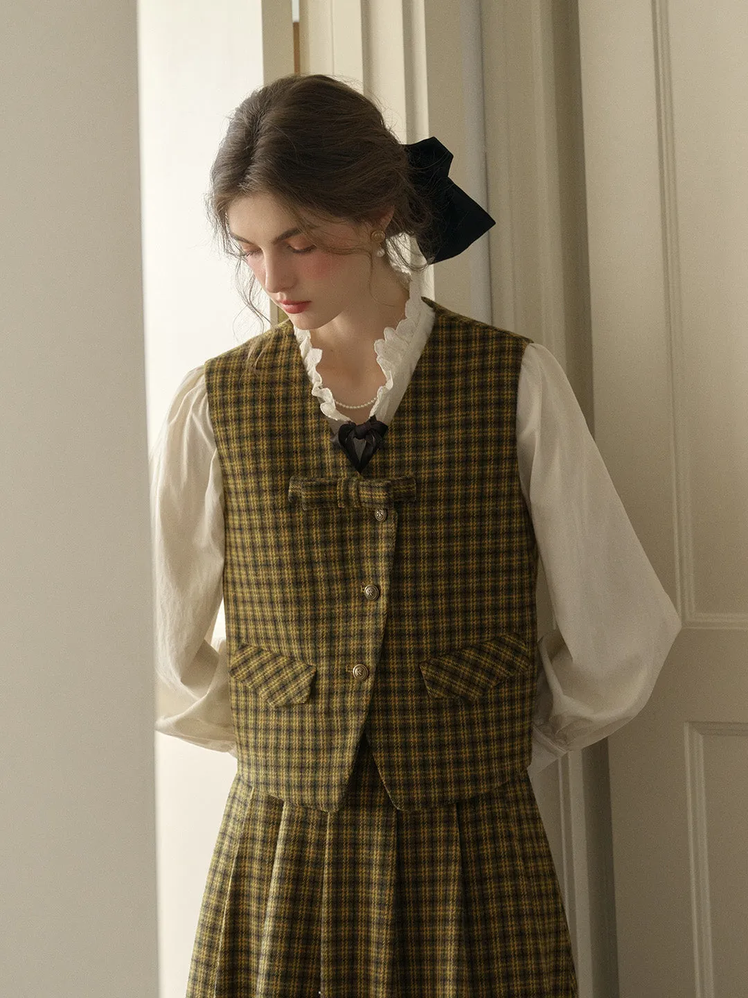 Mesh Lining Luz V-neck Slim 3D Bow Black Yellow Plaid Pocket Wool Vest - Yellow