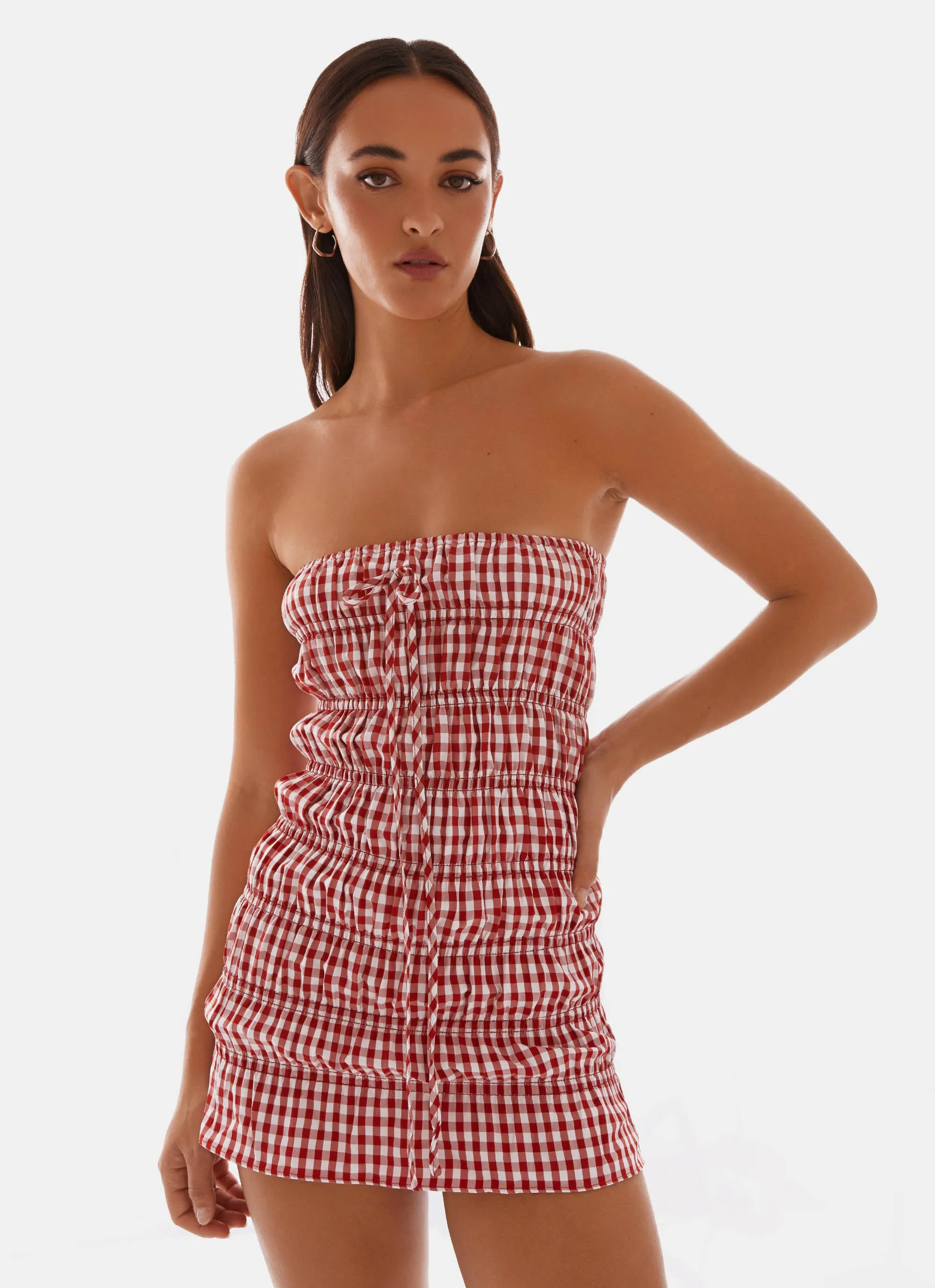 Adele Mini Dress - Red Gingham Bamboo Fiber Stretch Fabric