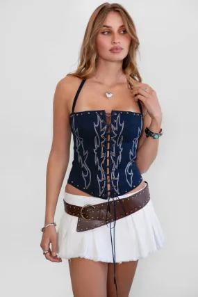Raelynn Western Corset Top- Dark Denim Microfiber Blended Fabric Noise Reducing Fabric Treatment