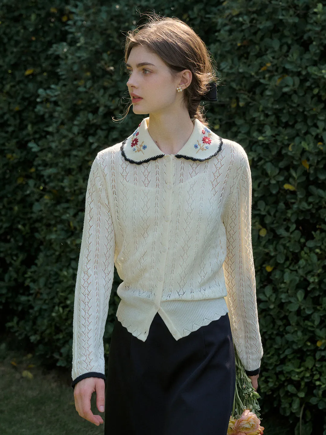 Shay Peter Pan Collar Embroidered Contrast Cutout Cardigan-Apricot Long Sleeve Shirt EcoFriendly Dye