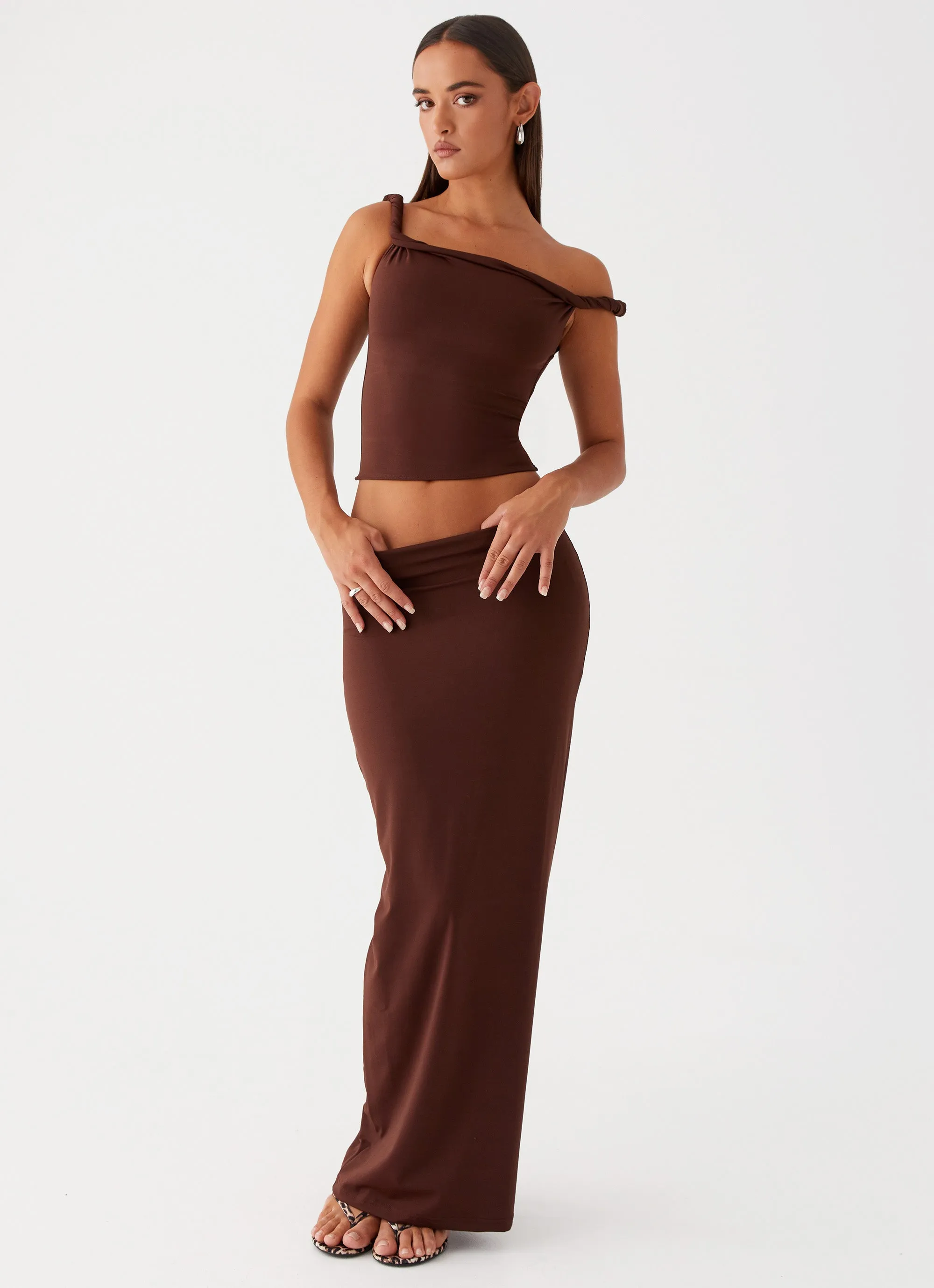 Solace Soul Maxi Skirt - Chocolate Relaxed Outfit Crossback Strap