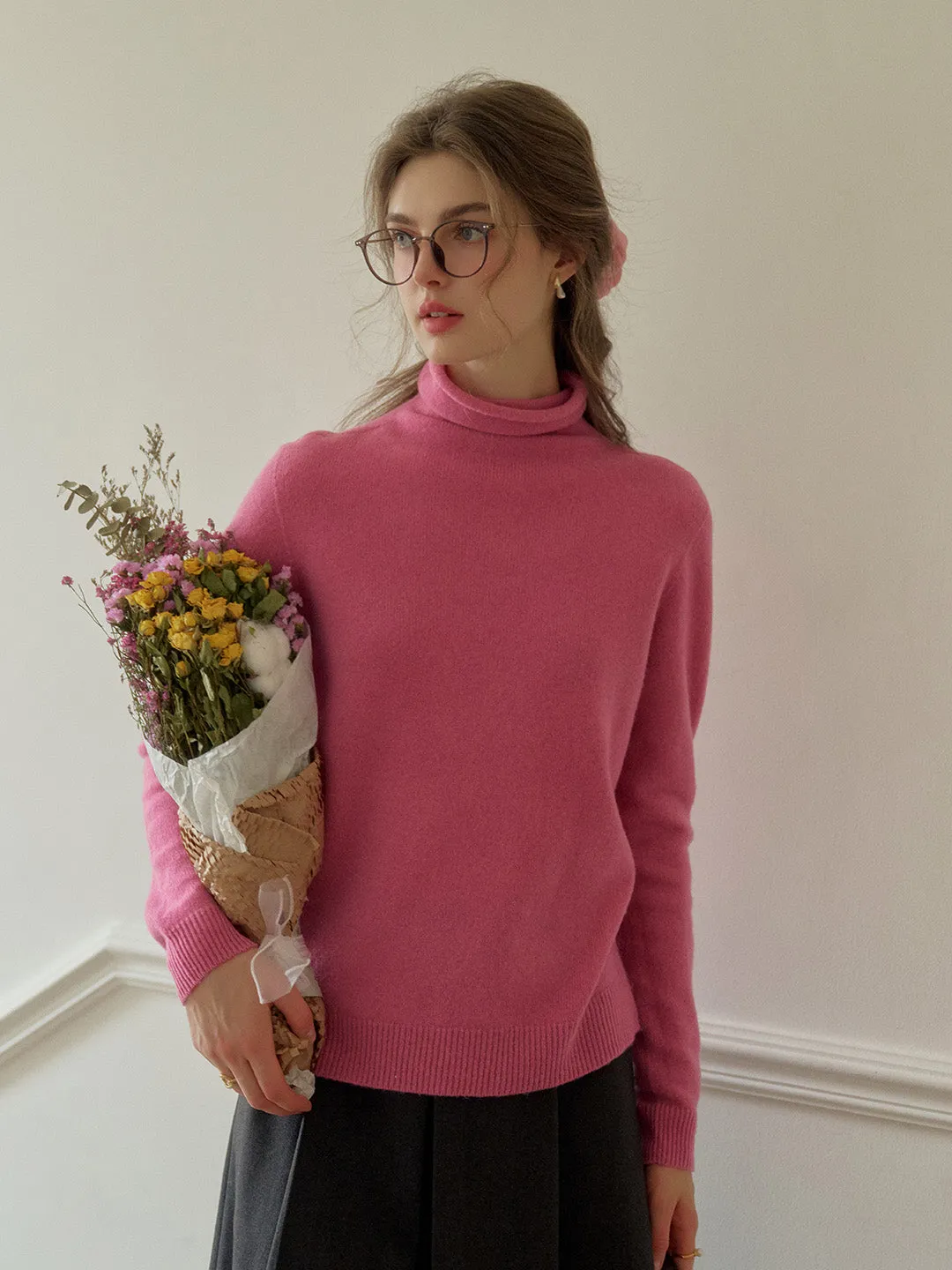 Solana Basic Versatile Turtleneck 100% Wool Sweater - Pink Soft Inner Lining