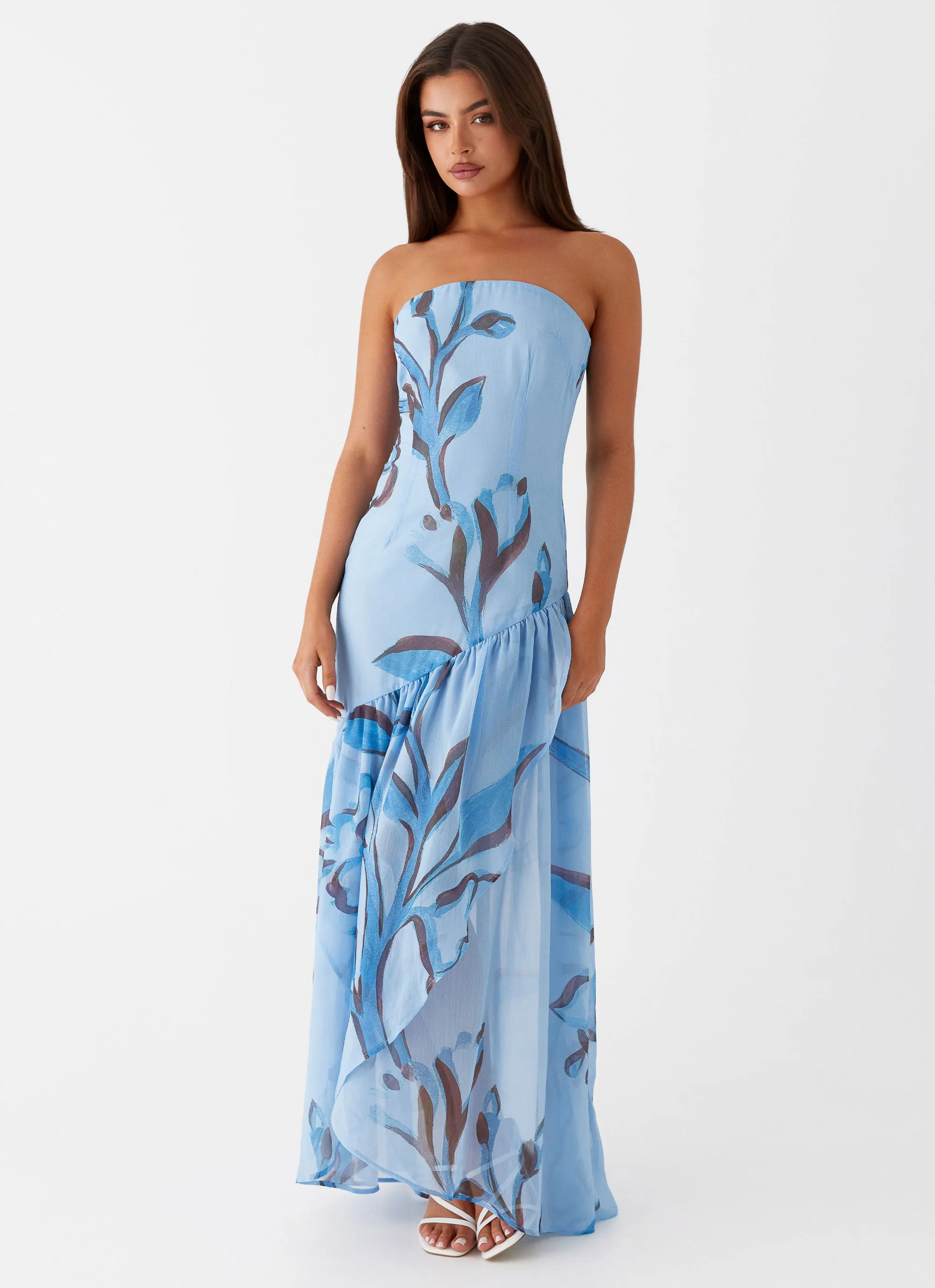 Solaris Strapless Maxi Dress - Blue Floral slim cut Casual-Look