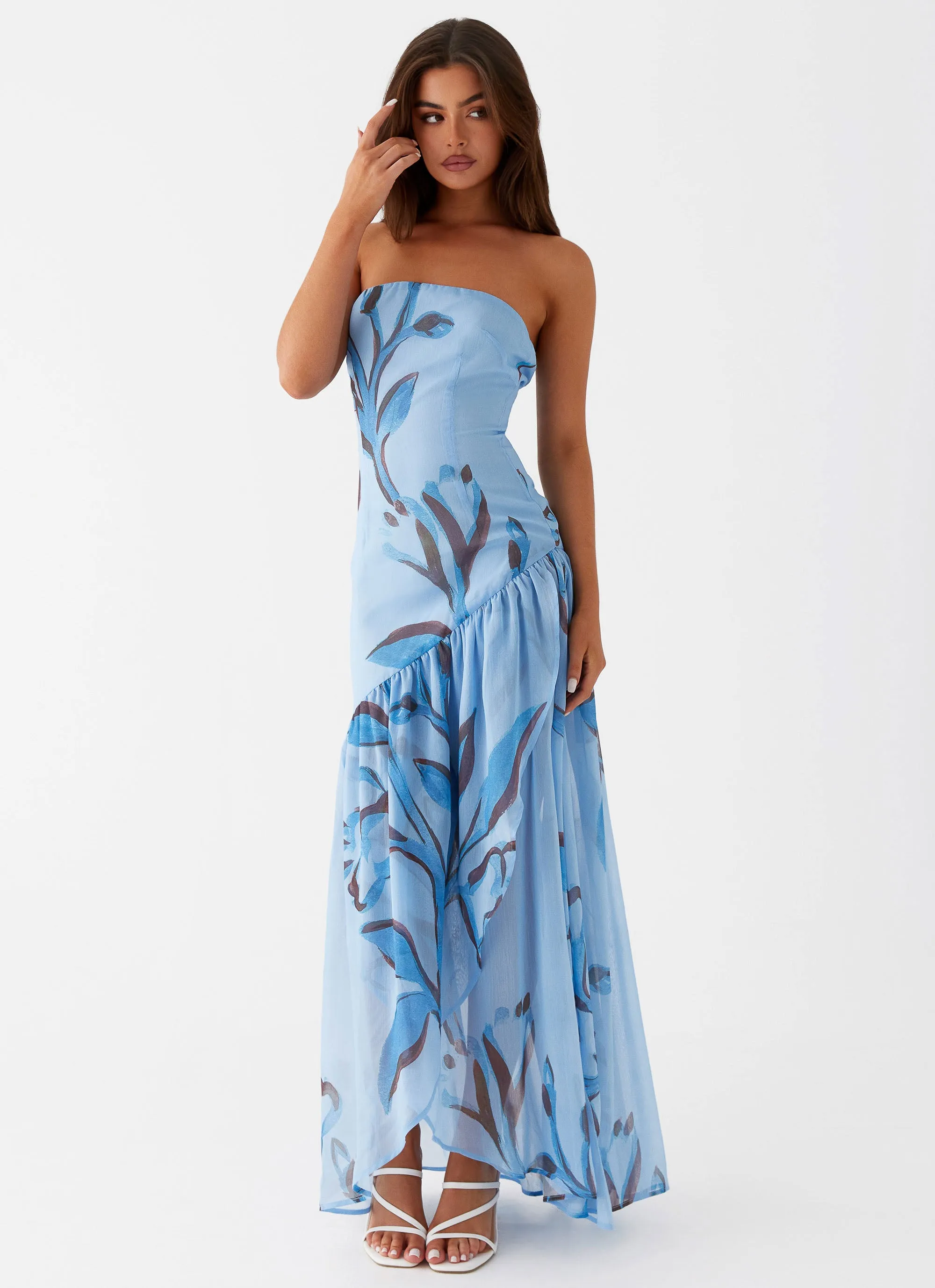 Solaris Strapless Maxi Dress - Blue Floral Relaxed Comfort Look Functional Layer