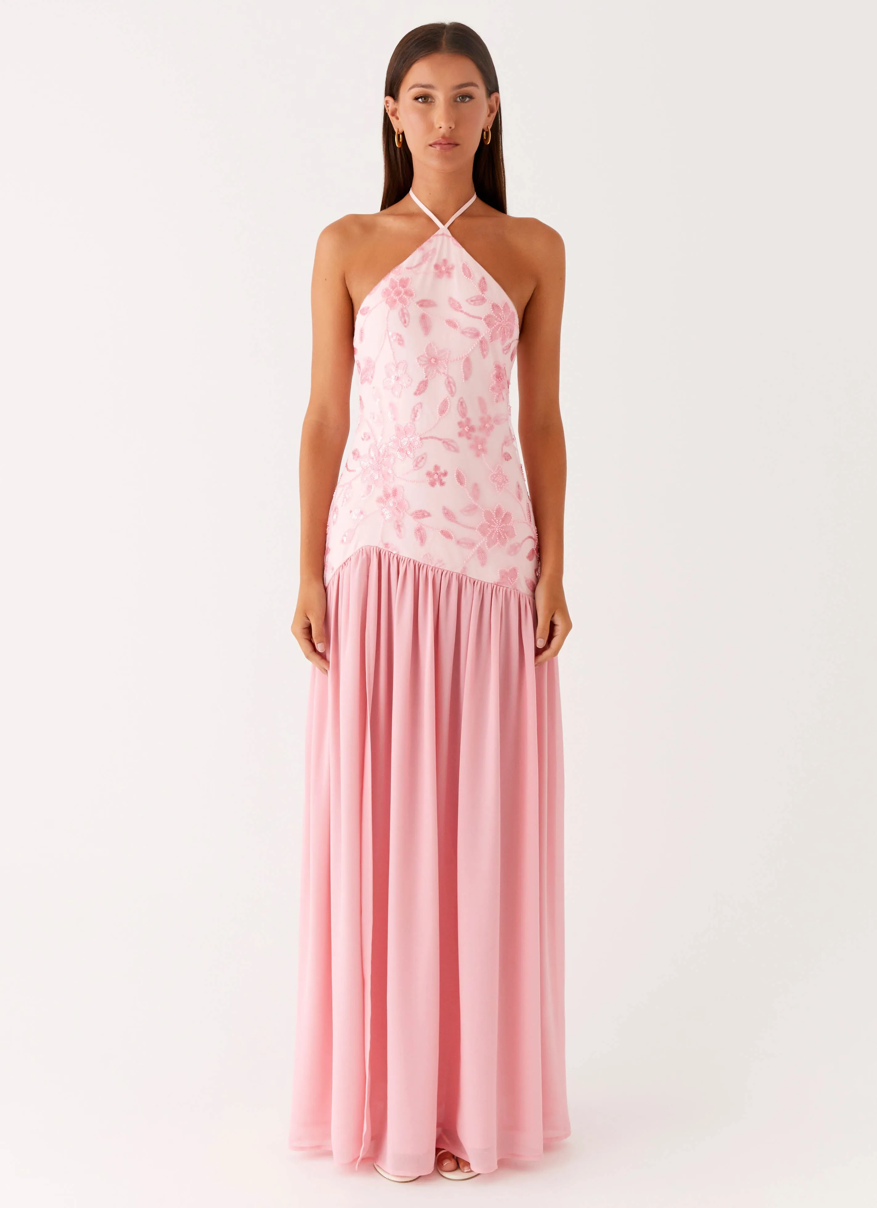 Janelle Beaded Maxi Dress - Pink Perfectly Crafted Trendy wrap gown