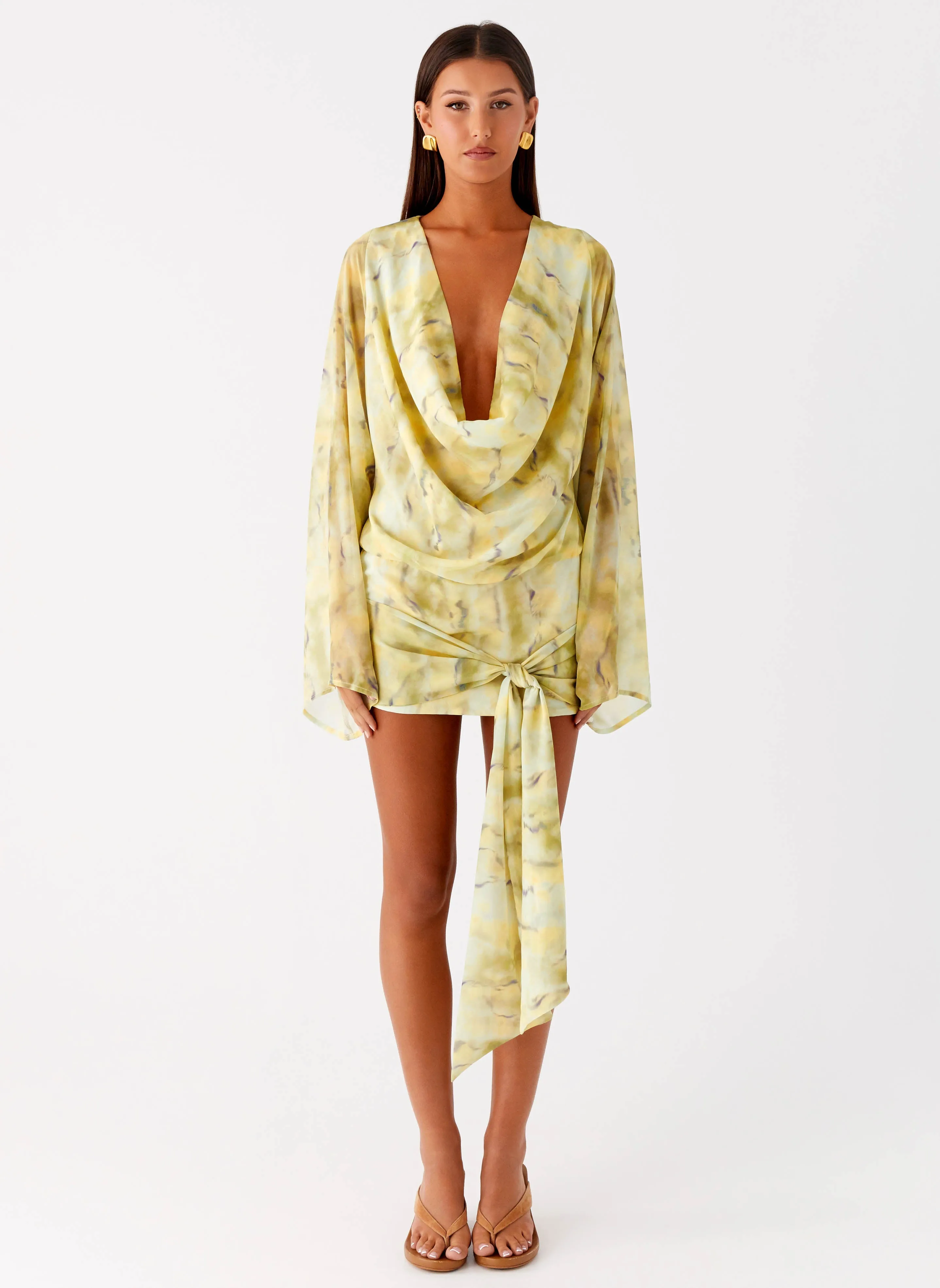 Snap-Closure Sorrel Long Sleeve Mini Dress - Yellow Tie Dye