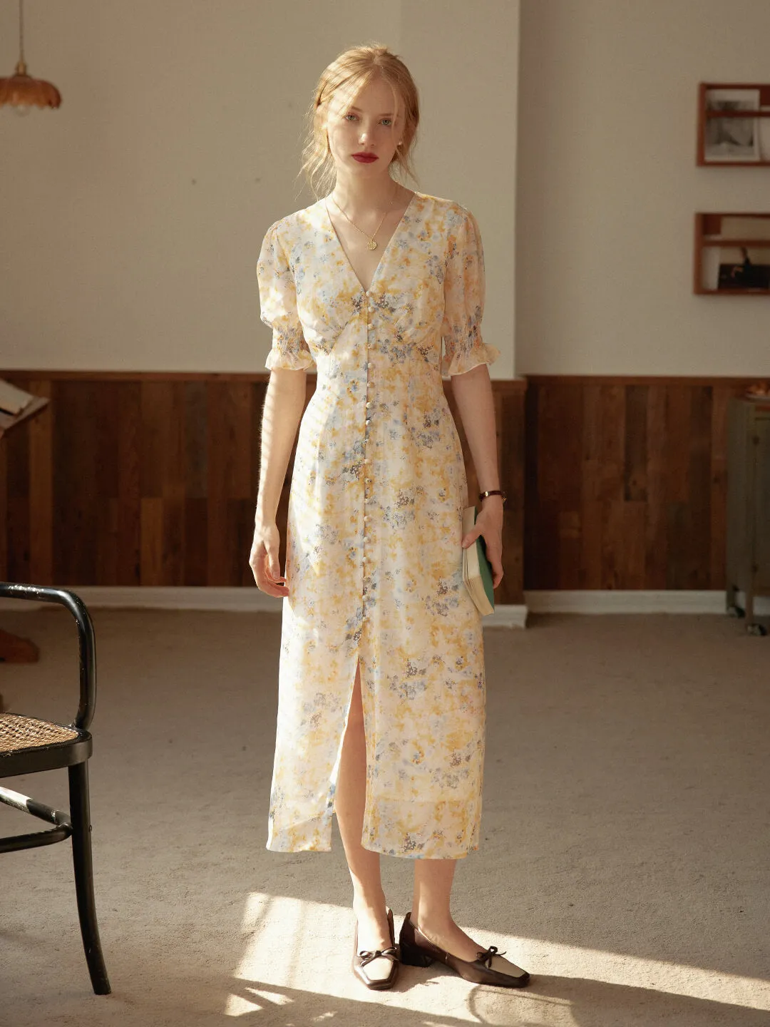 Kora Floral Printed Maxi Dress Layered-Sleeve Fresh Look