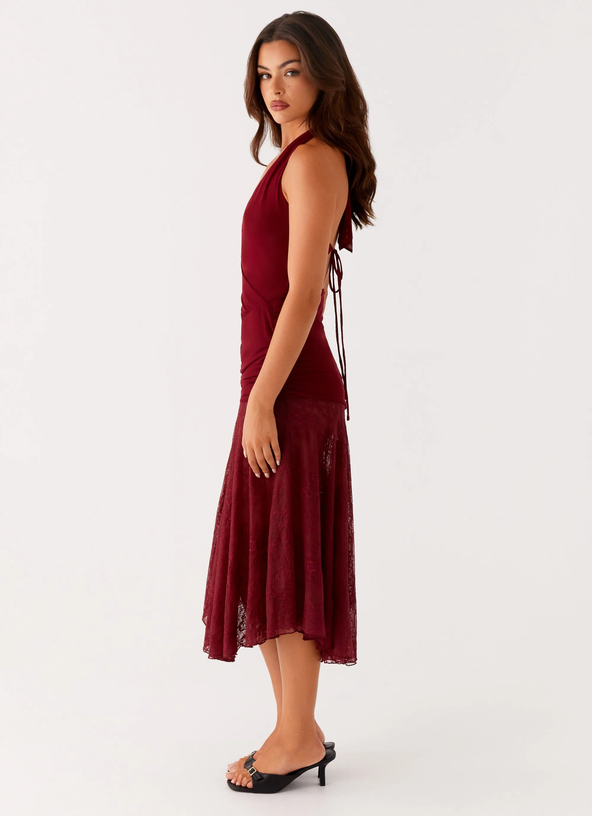 Silky Form Edgy Layers Burnout Midi Dress - Maroon