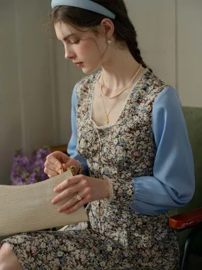 Nicole Square Neck Bow Floral Print Lace Contrast Dress Loose Fit Sleek Texture