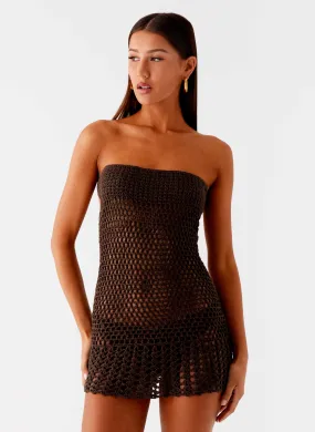 Kaiane Strapless Crochet Mini Dress - Chocolate Back Glow Sunset Scene