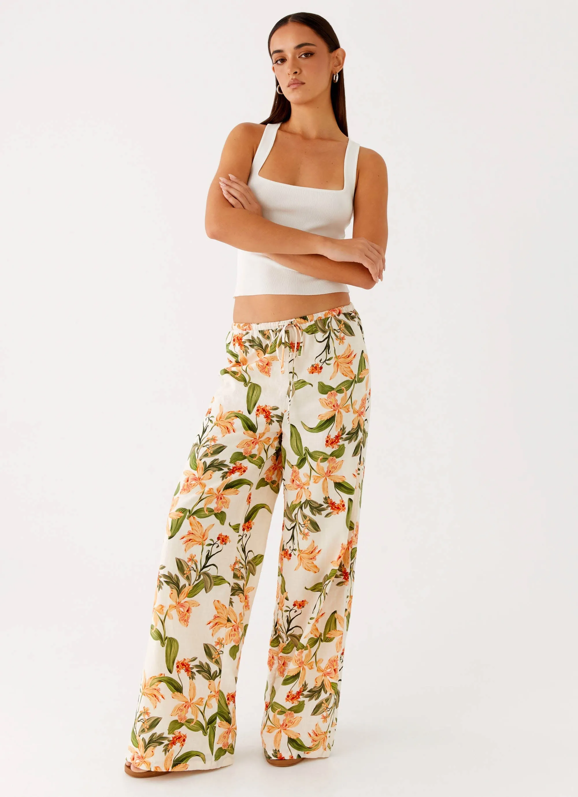 Dalida Linen Pants - Floral Print Stretch Motion Quick Wash