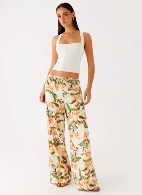 Dalida Linen Pants - Floral Print Twill Weave Texture Boho chic