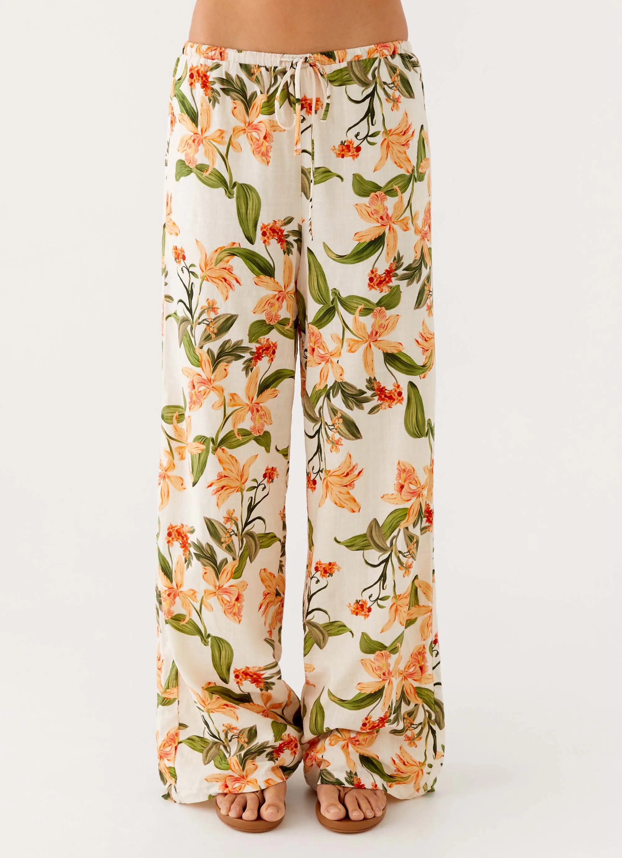 Dalida Linen Pants - Floral Print Basic Look DoubleLayeredFabric