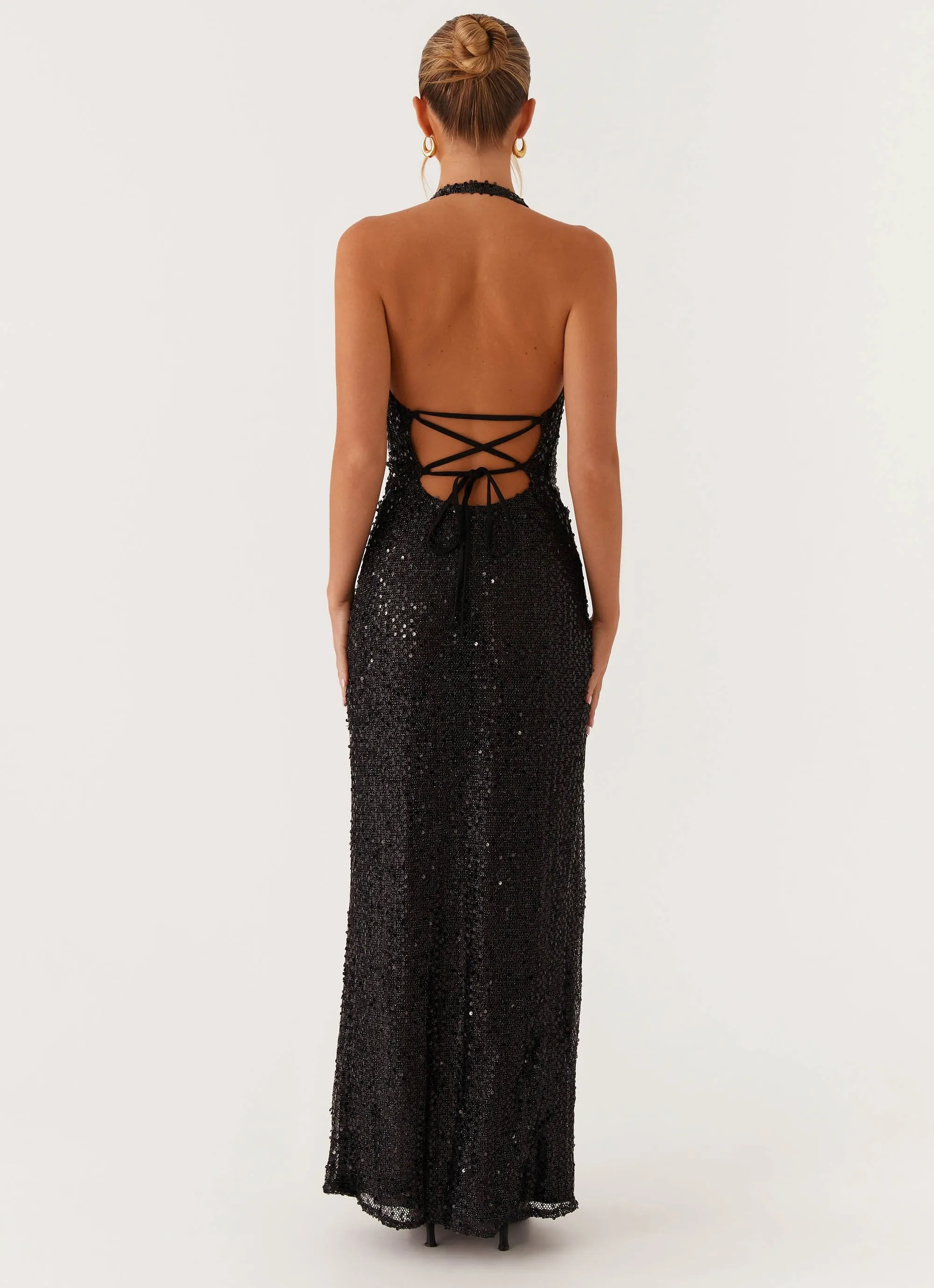 After Tonight Sequin Cowl Neck Maxi Dress - Black Aura Glow Bohemian-Style