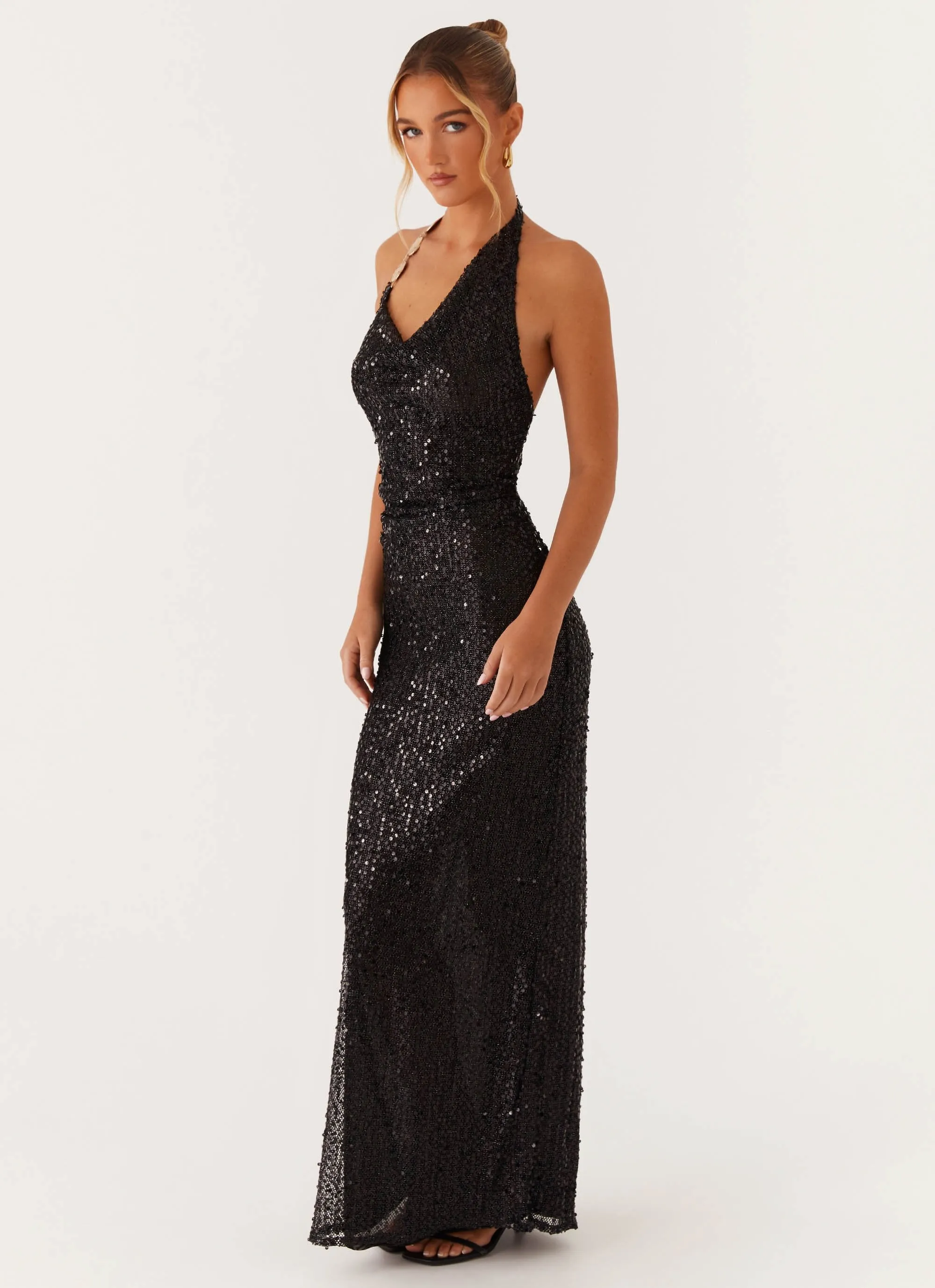 Gathered-Detail Formal Setting After Tonight Sequin Cowl Neck Maxi Dress - Black