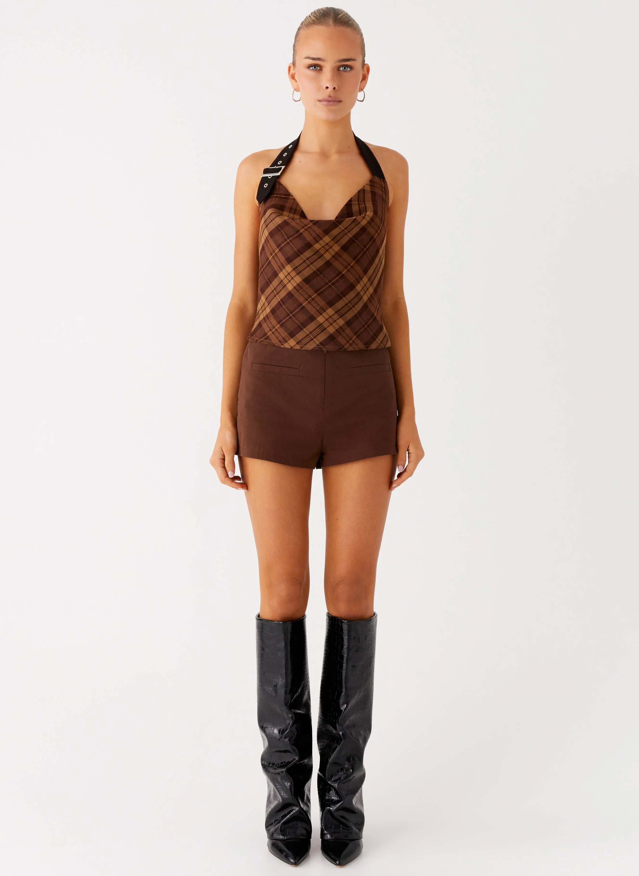 Sheer Overlay Material Stateside Cowl Top - Plaid