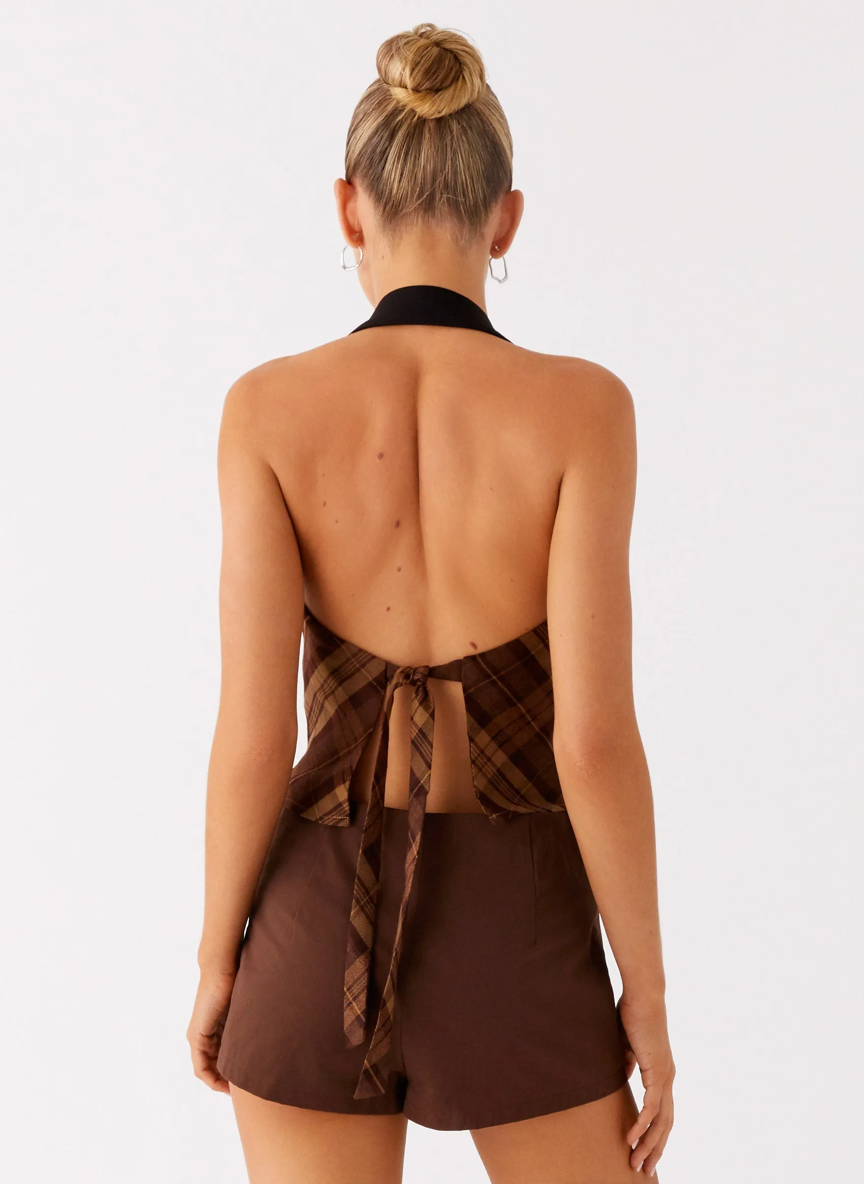 RibbedHemline Tencel Cotton Hybrid Weave Stateside Cowl Top - Plaid