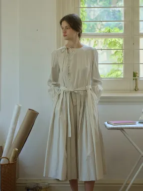 Marie Round Neck Bow Front Button Striped A-Line Dress Relaxed and Effortless