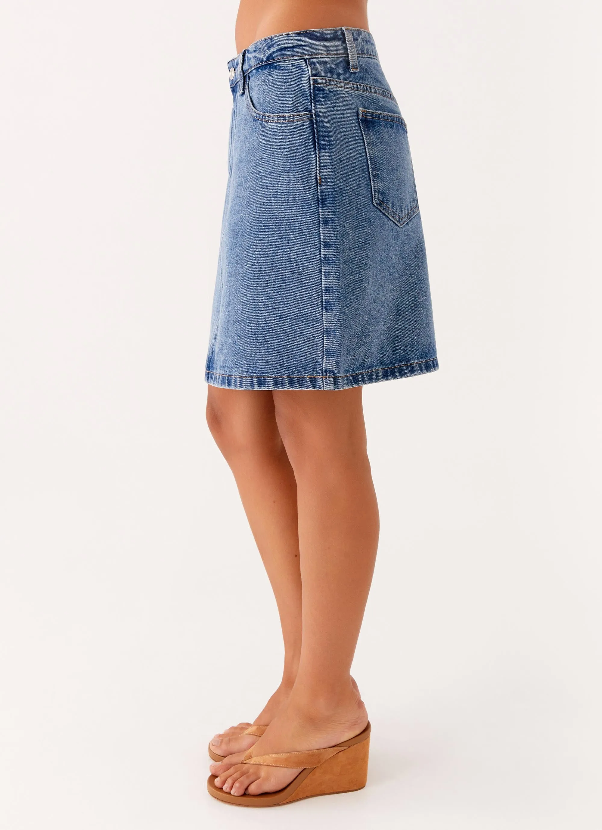 Stella Low Rise Mini Skirt - Blue Crisp Edge Shirred Back