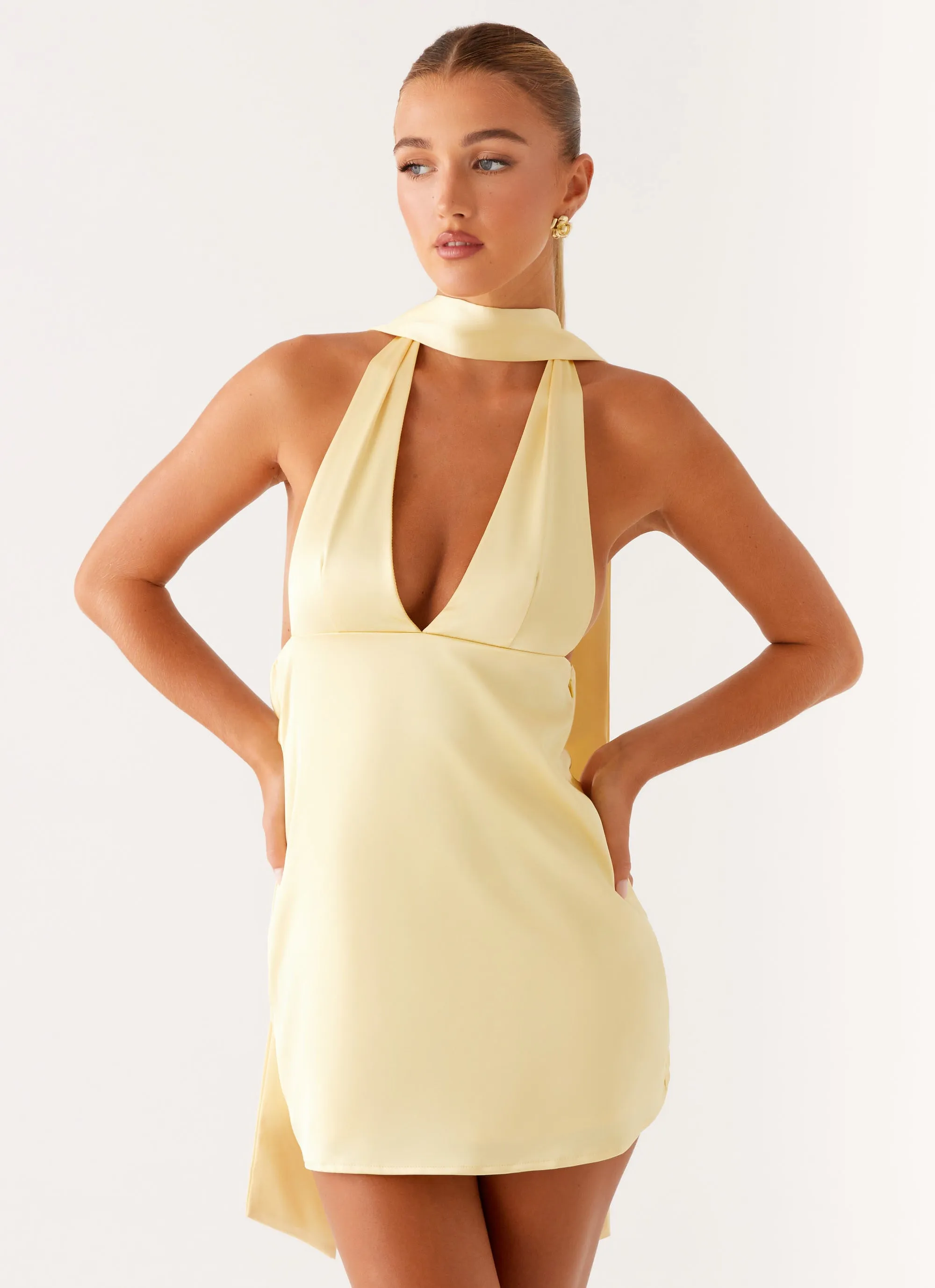 Adjustable Fit Alicia Satin Halter Mini Dress - Pastel Yellow