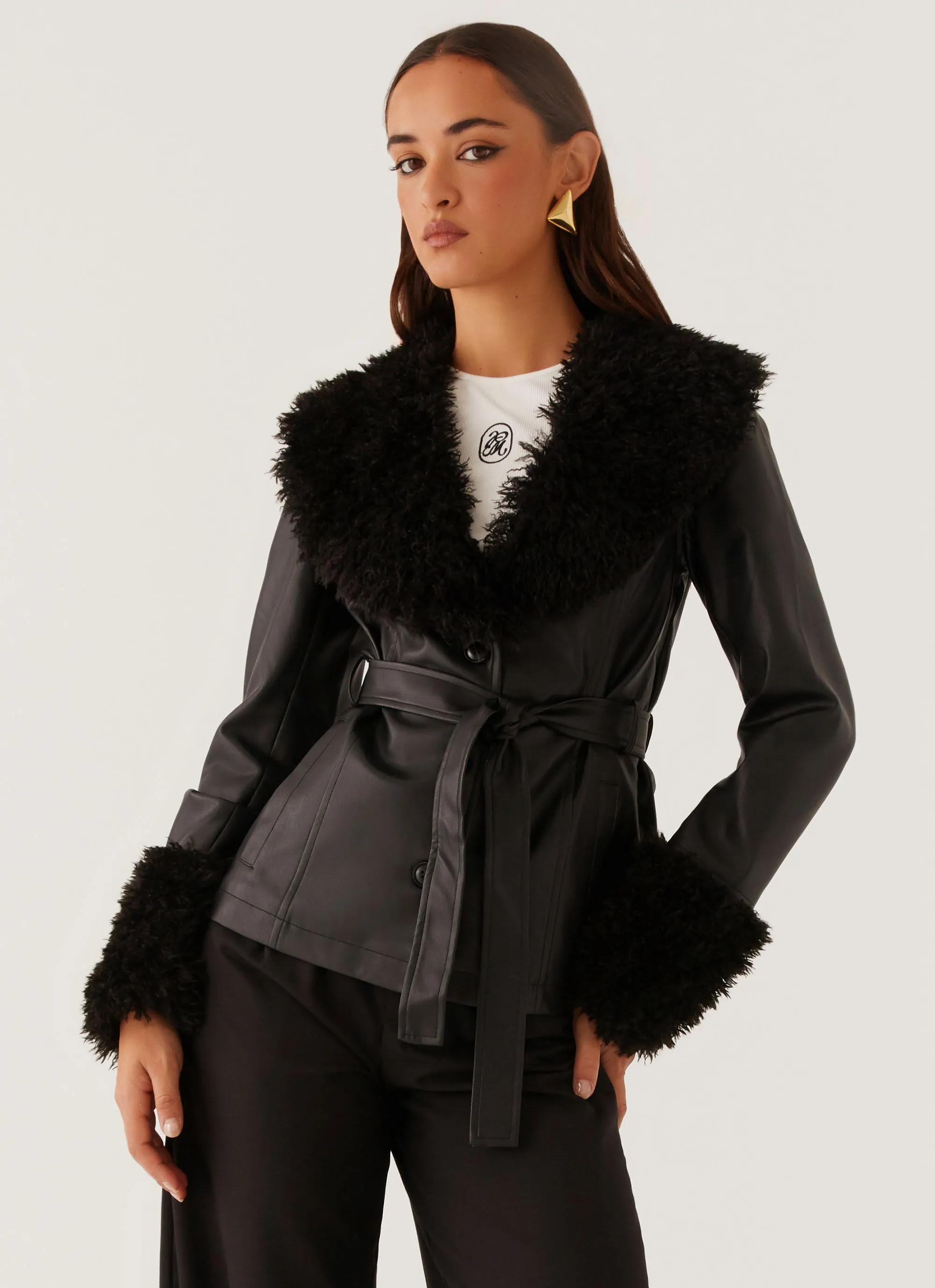 Quick Wear Fit Street Lights Fur Trim Jacket - Black