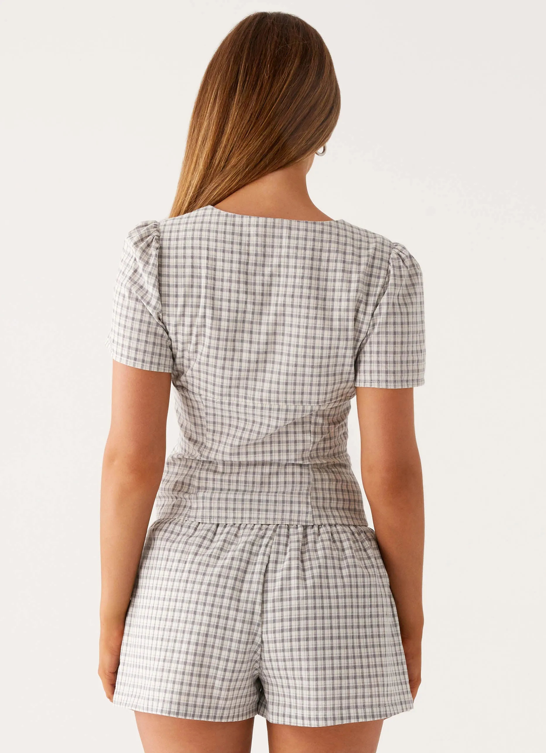 BoxySilhouette RibbedNeckline Adalina Button Up Top - Grey Check