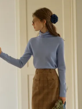 Neutral Tone Stitching ChafeFreeEdging Solana Basic Versatile Turtleneck 100% Wool Sweater - Blue