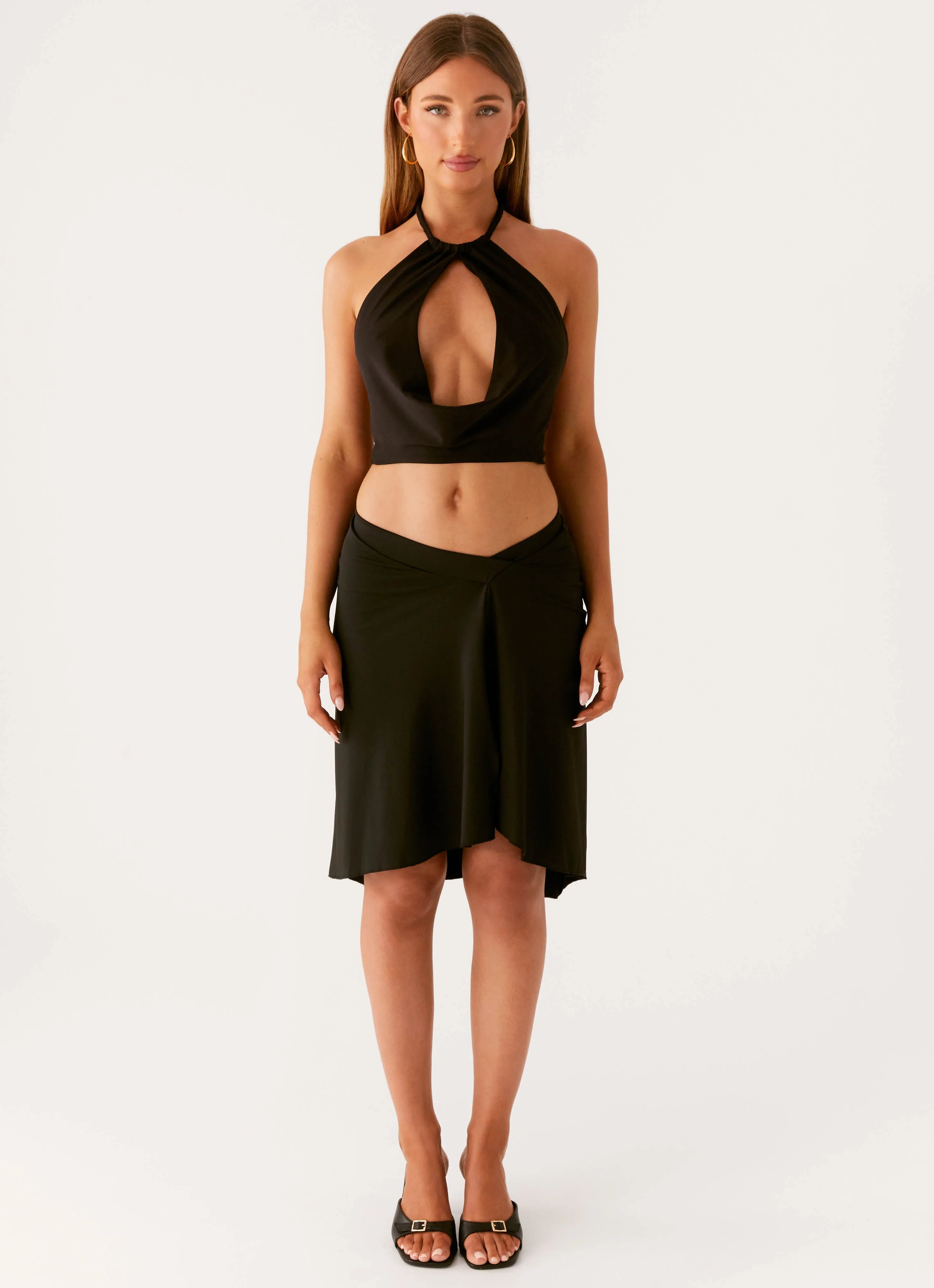 Calisa Cowl Top - Black Curved Hemline