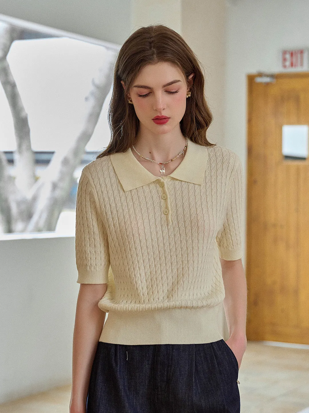 Mavis Round Neck Knit 100% Cotton Blouse WideNeckline SeamlessKnitConstruction